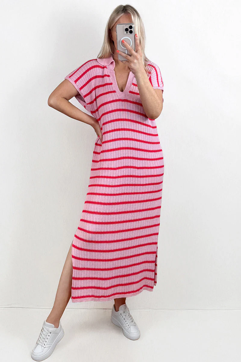 KATCH ME V-Neck Batwing Striped Collar Side Slit Midi Dress - Image 5