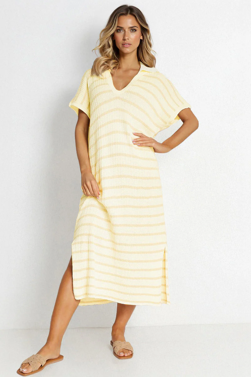 KATCH ME V-Neck Batwing Striped Collar Side Slit Midi Dress - Image 6