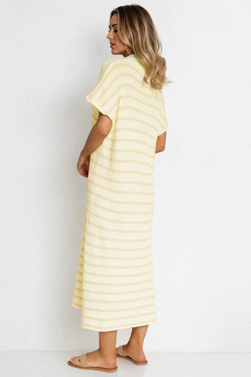 KATCH ME V-Neck Batwing Striped Collar Side Slit Midi Dress - Image 7