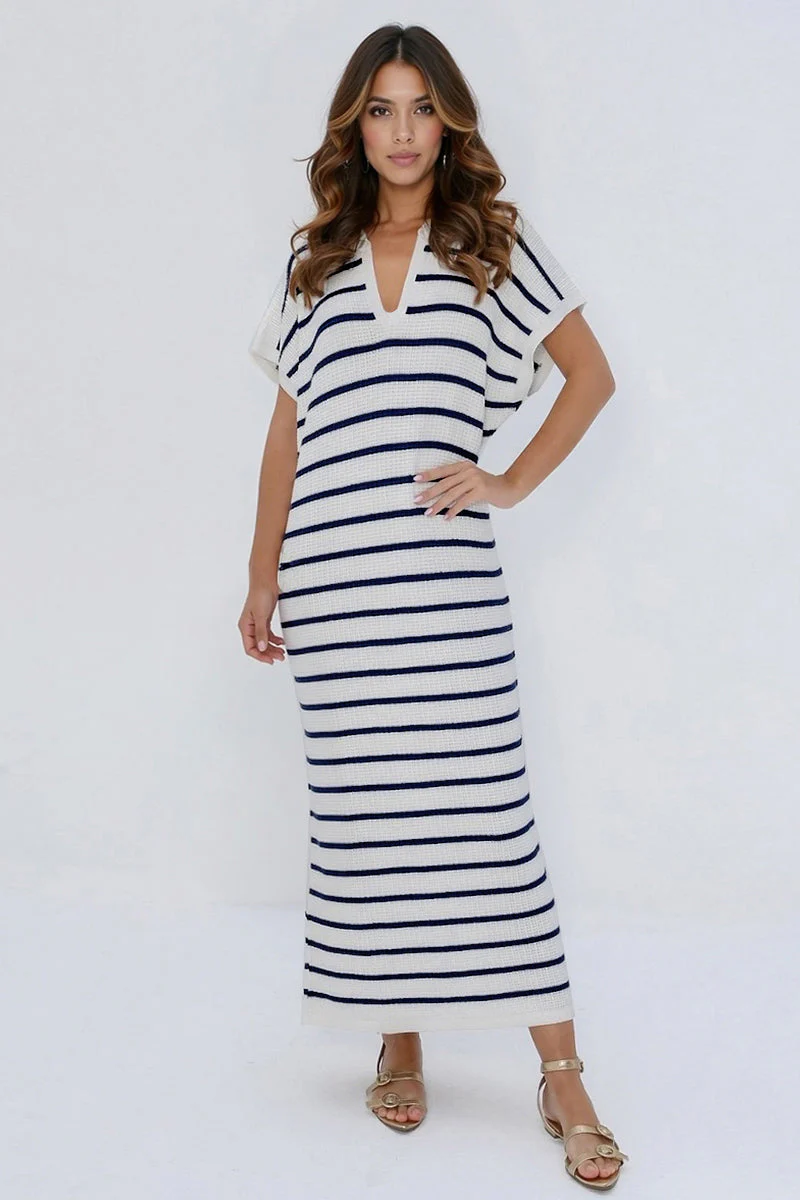 KATCH ME V-Neck Batwing Striped Collar Side Slit Midi Dress - Image 8