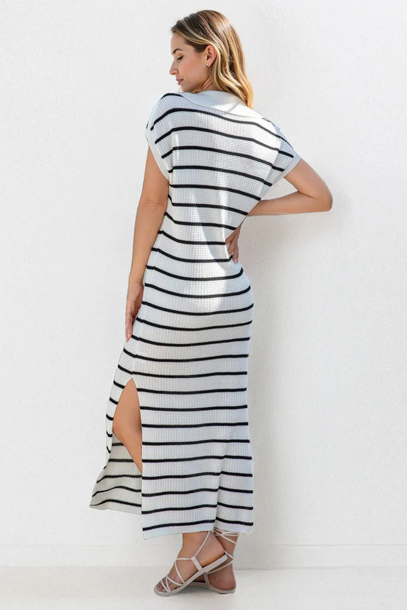 KATCH ME V-Neck Batwing Striped Collar Side Slit Midi Dress - Image 9