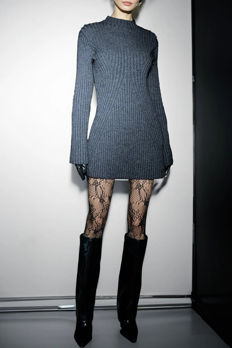 Versatile Knit Crew Neck Cuff Slit Rib Slim Sweater Dress - Image 2