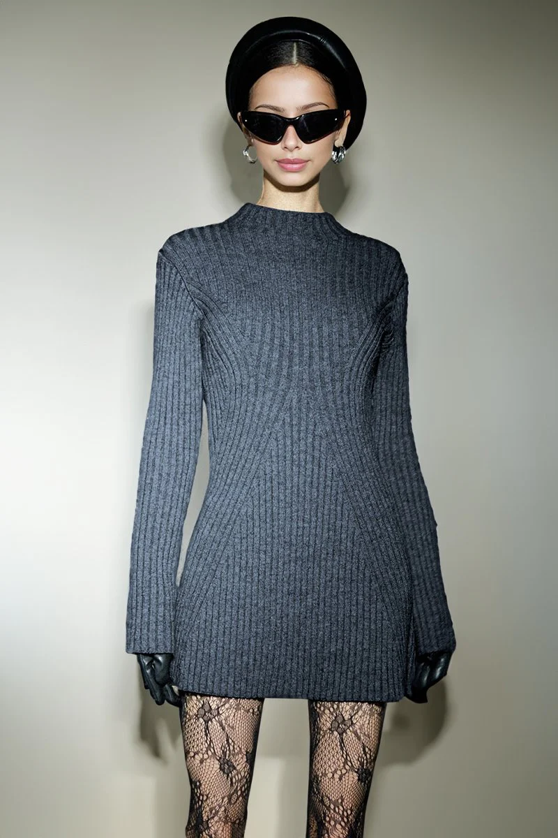 Versatile Knit Crew Neck Cuff Slit Rib Slim Sweater Dress - Image 3