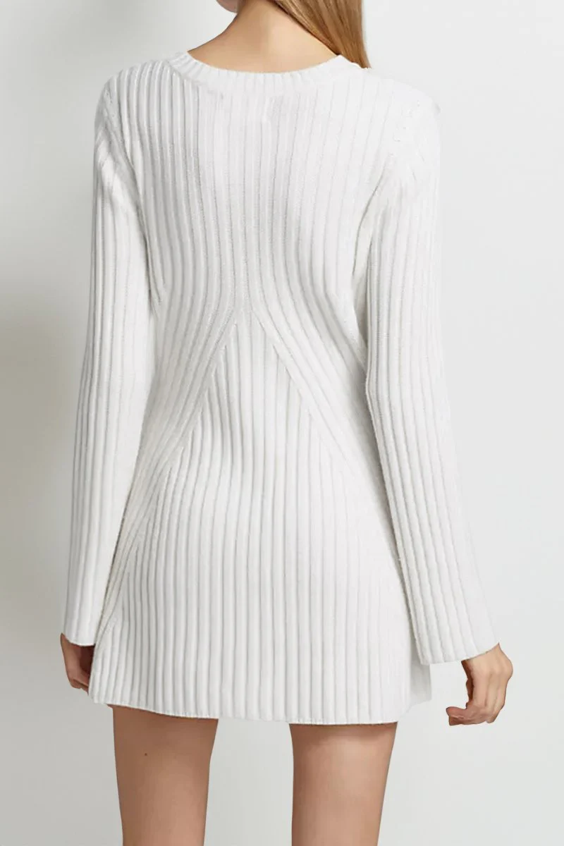 Versatile Knit Crew Neck Cuff Slit Rib Slim Sweater Dress - Image 8
