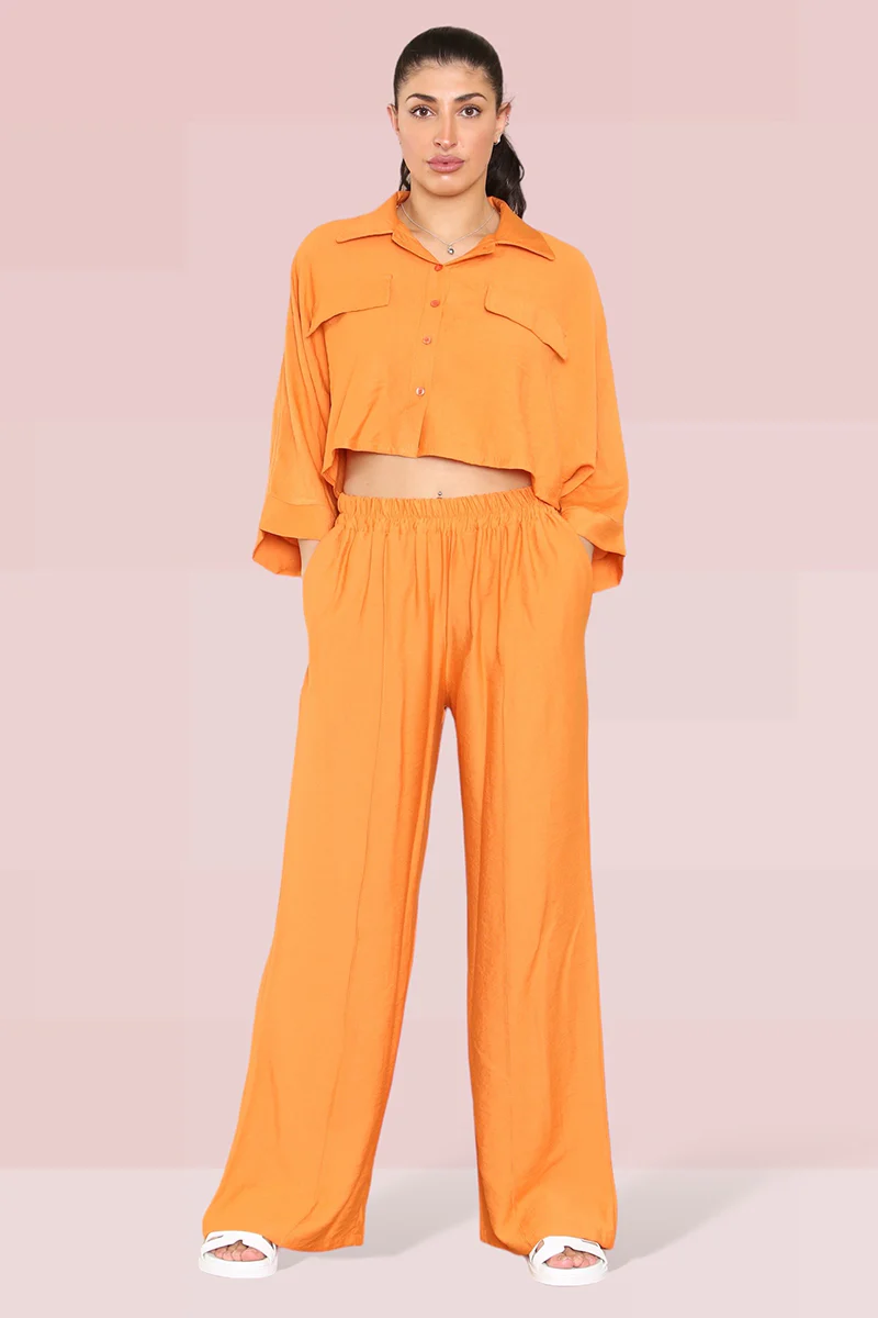 KATCH ME Long Sleeve Button Crop Shirt & Loose Trousers Co-ord Set