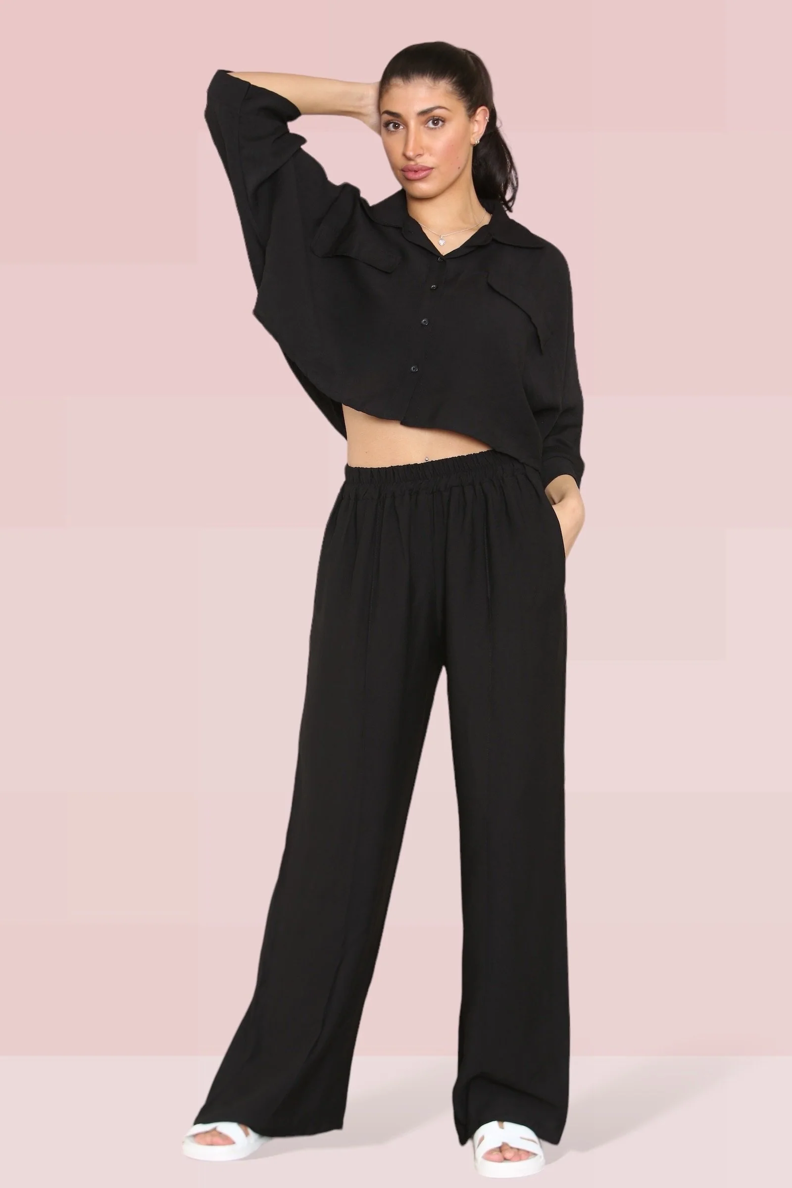 KATCH ME Long Sleeve Button Crop Shirt & Loose Trousers Co-ord Set - Image 10