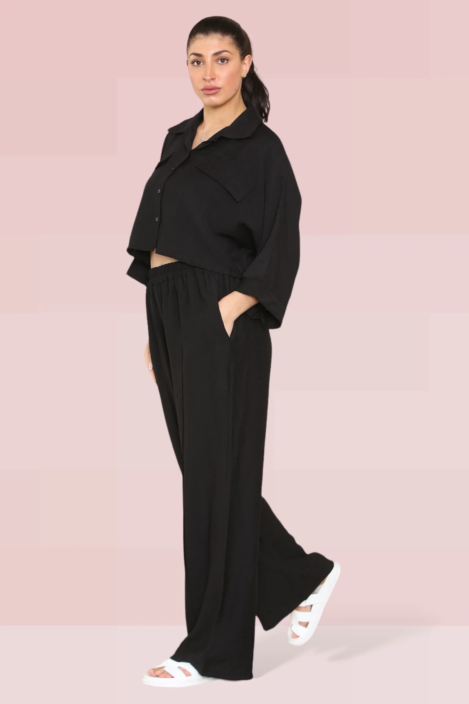 KATCH ME Long Sleeve Button Crop Shirt & Loose Trousers Co-ord Set - Image 11
