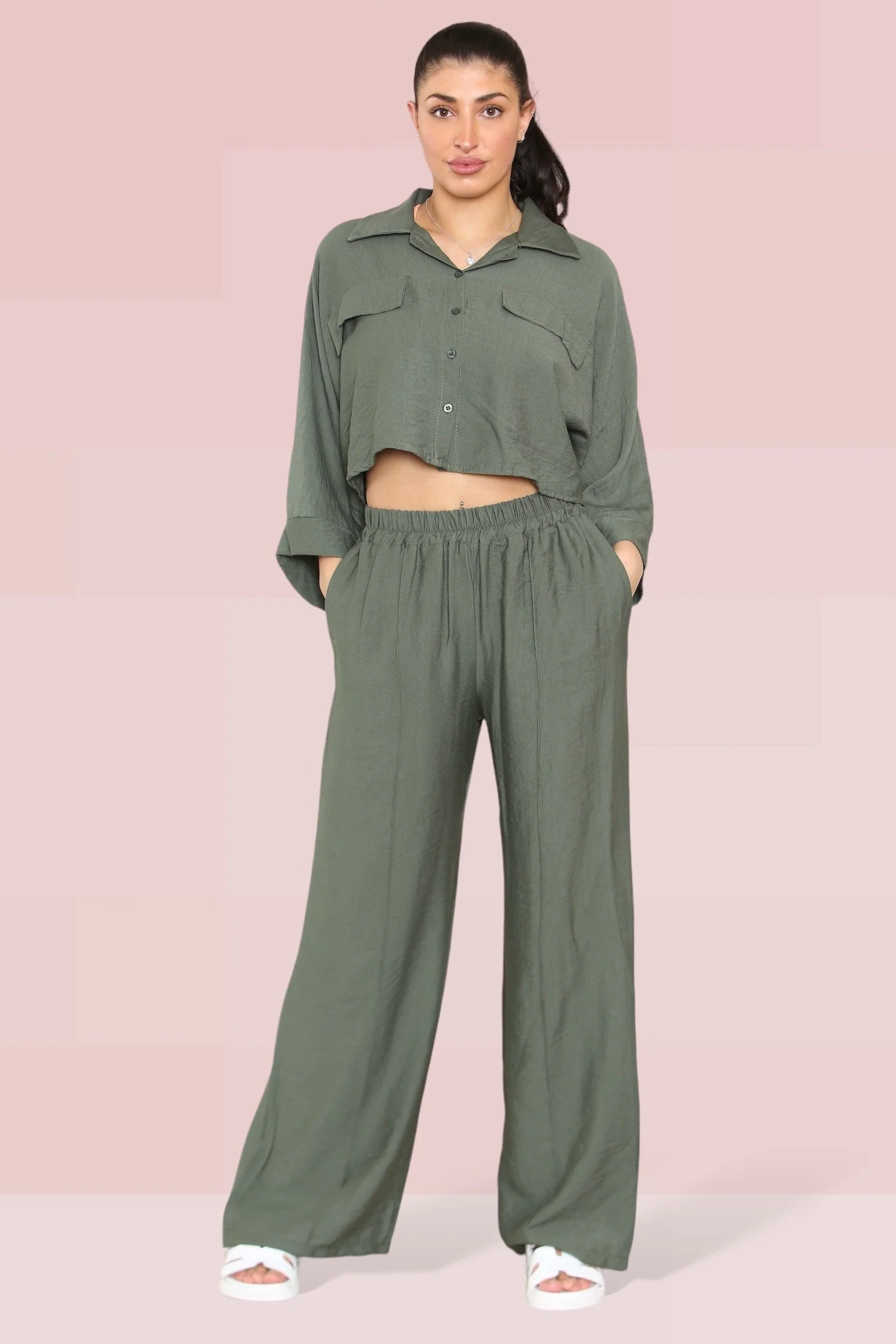 KATCH ME Long Sleeve Button Crop Shirt & Loose Trousers Co-ord Set - Image 13
