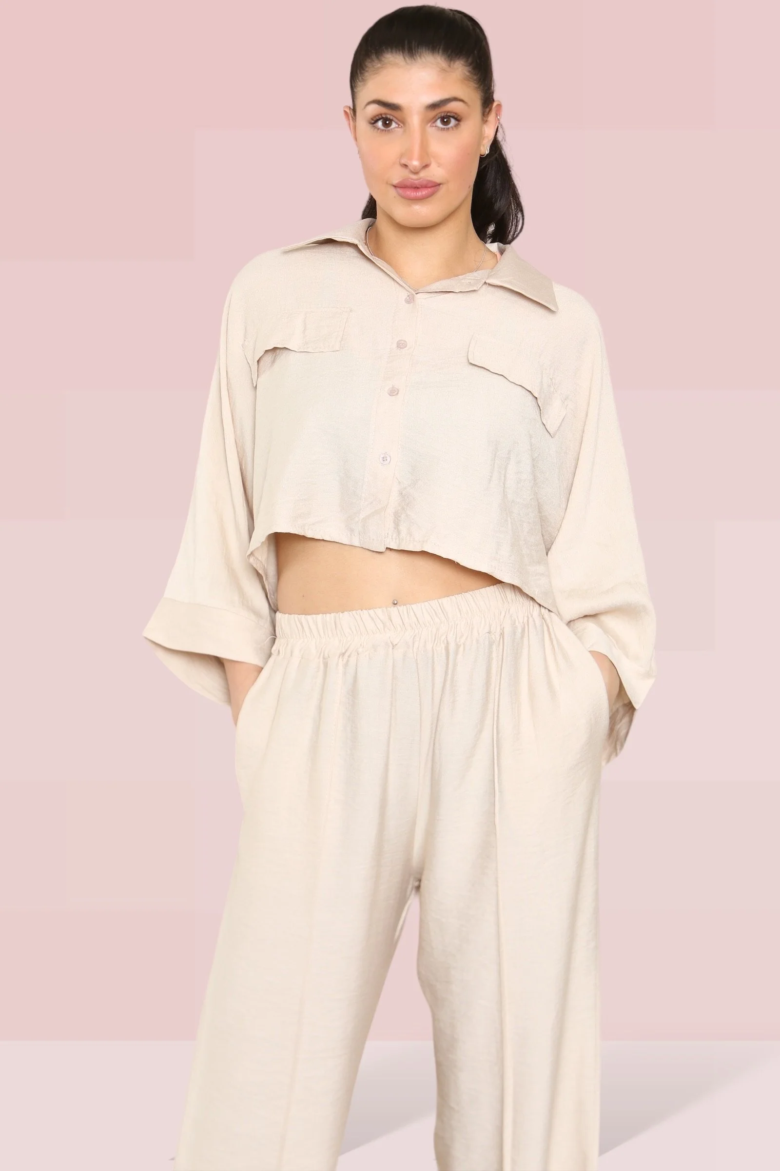 KATCH ME Long Sleeve Button Crop Shirt & Loose Trousers Co-ord Set - Image 19