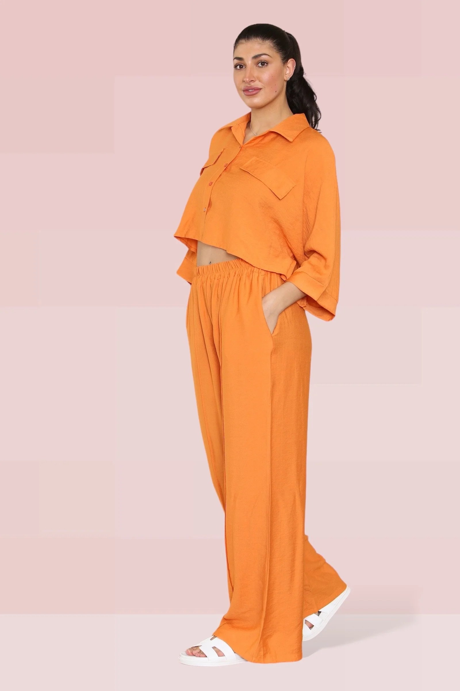 KATCH ME Long Sleeve Button Crop Shirt & Loose Trousers Co-ord Set - Image 2