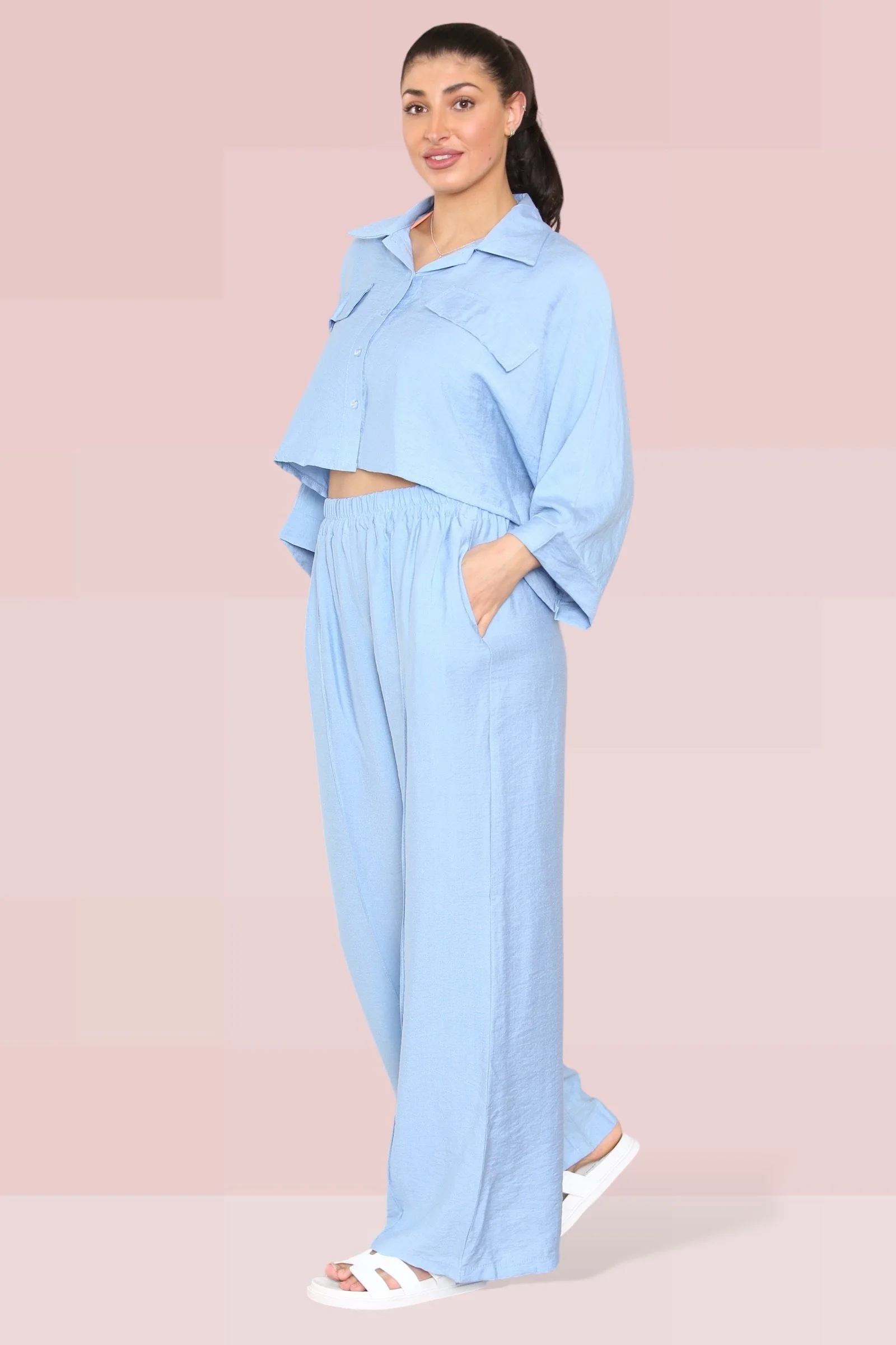 KATCH ME Long Sleeve Button Crop Shirt & Loose Trousers Co-ord Set - Image 5