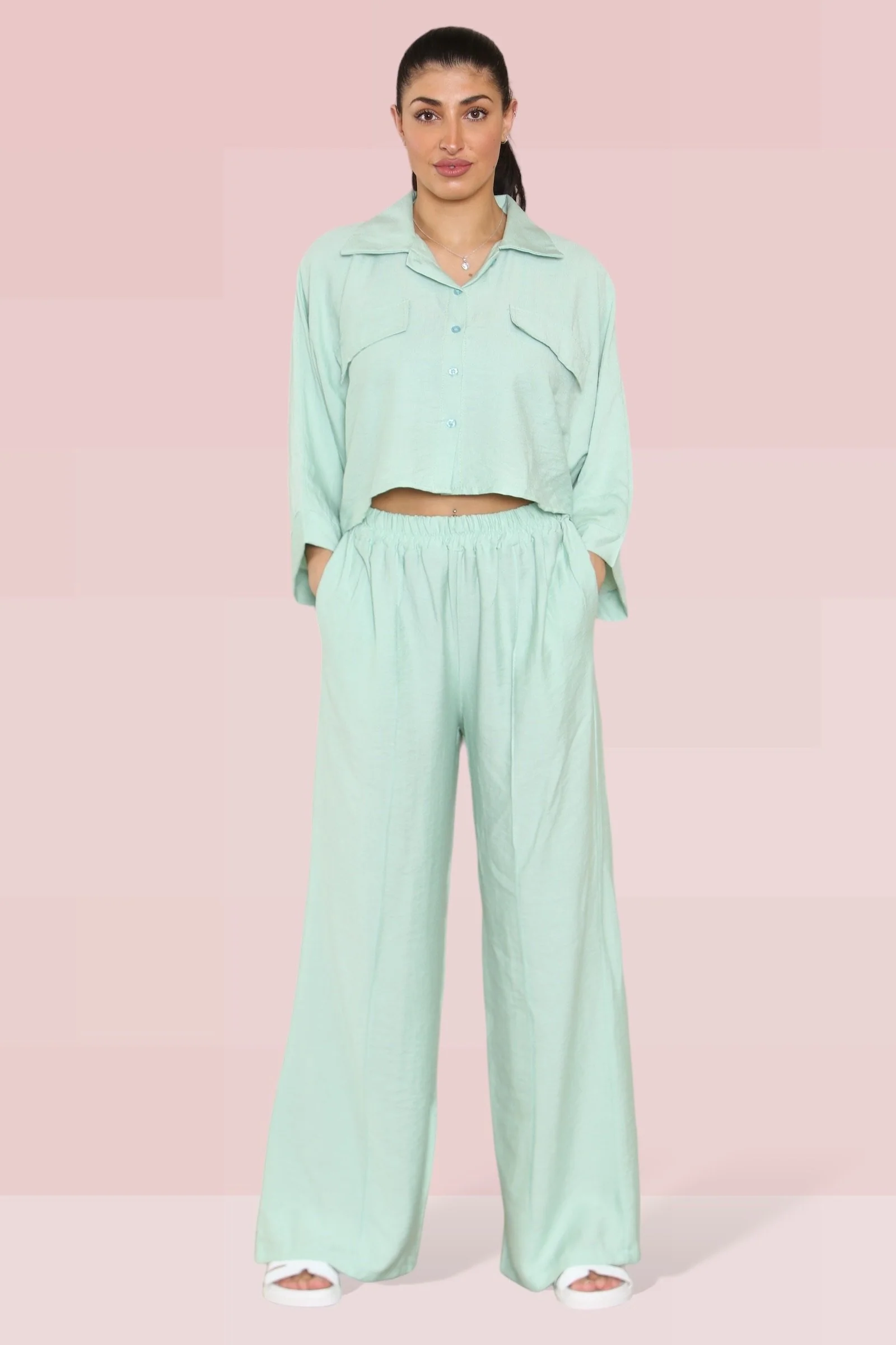 KATCH ME Long Sleeve Button Crop Shirt & Loose Trousers Co-ord Set - Image 7
