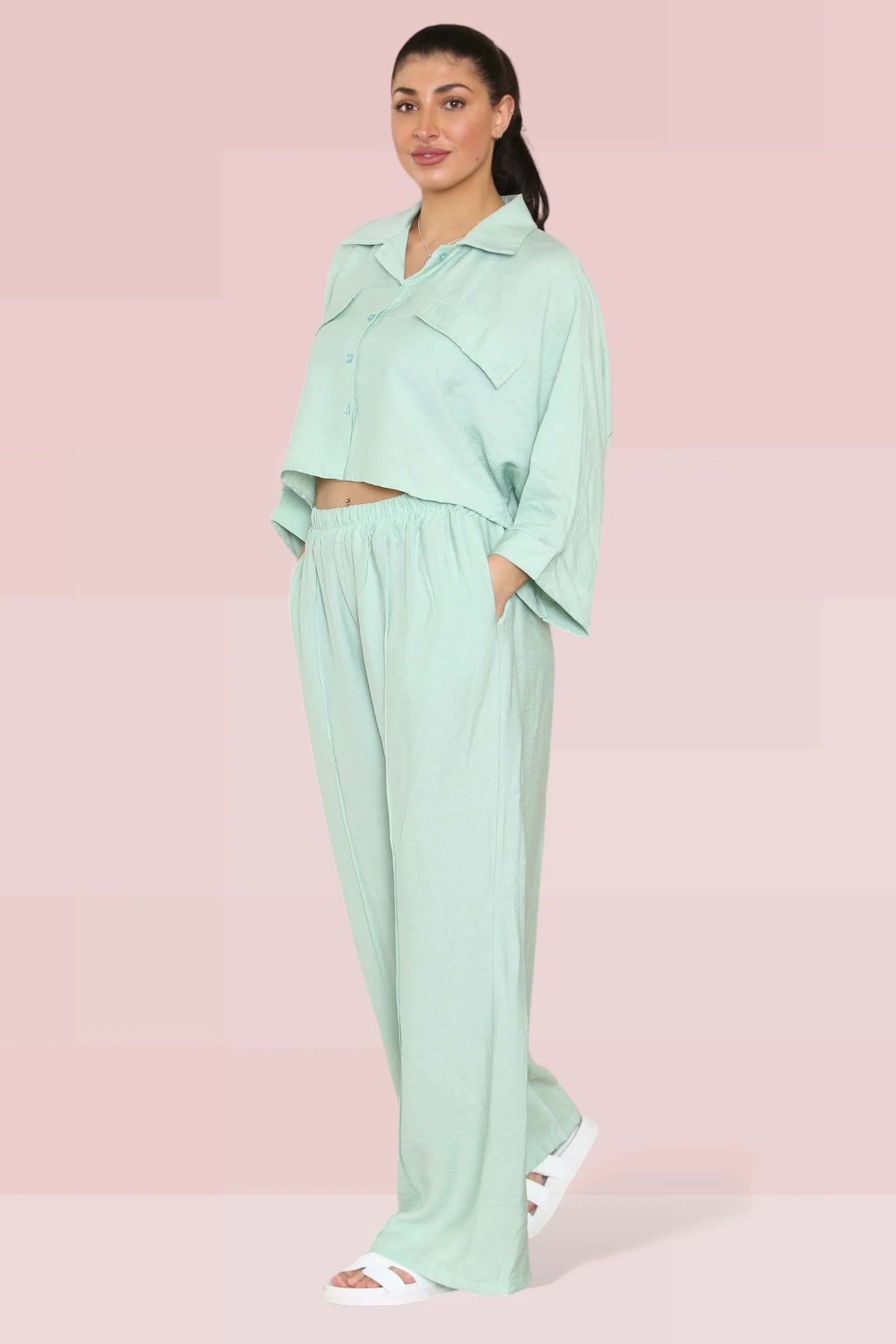 KATCH ME Long Sleeve Button Crop Shirt & Loose Trousers Co-ord Set - Image 8