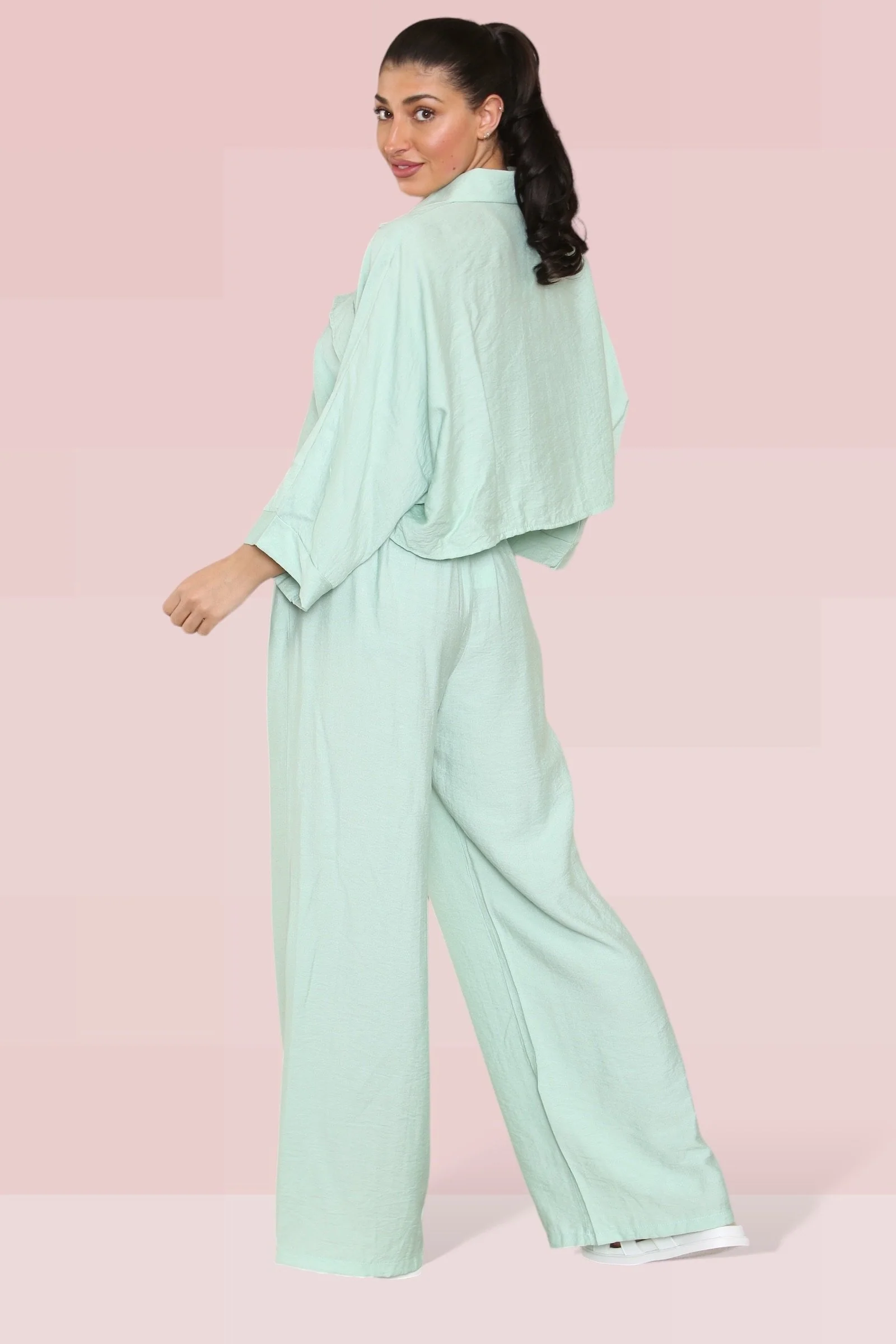 KATCH ME Long Sleeve Button Crop Shirt & Loose Trousers Co-ord Set - Image 9