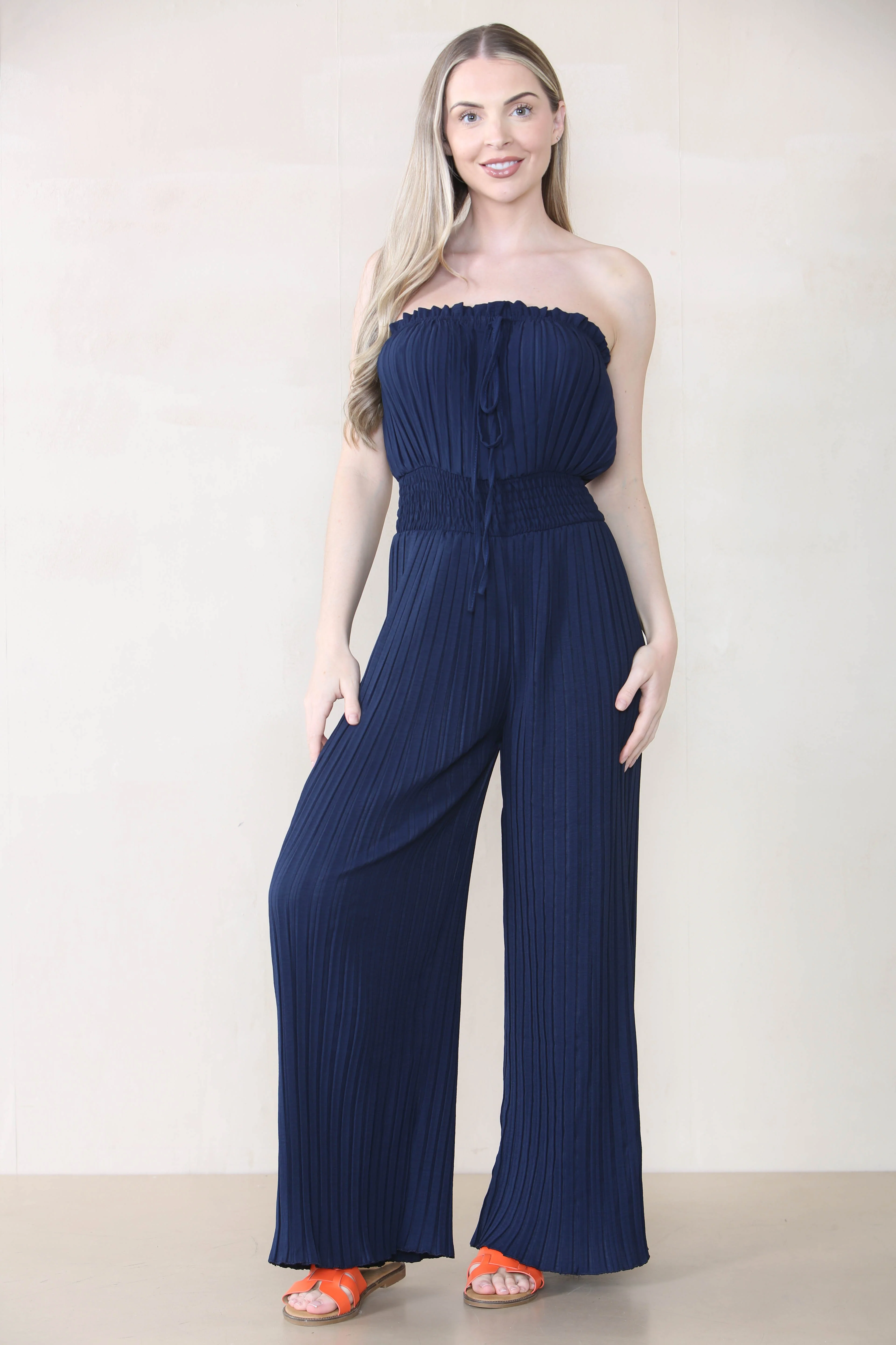 KATCH ME Tie-Up Ruched Waist Pleated Wide Leg Jumpsuit - Image 12