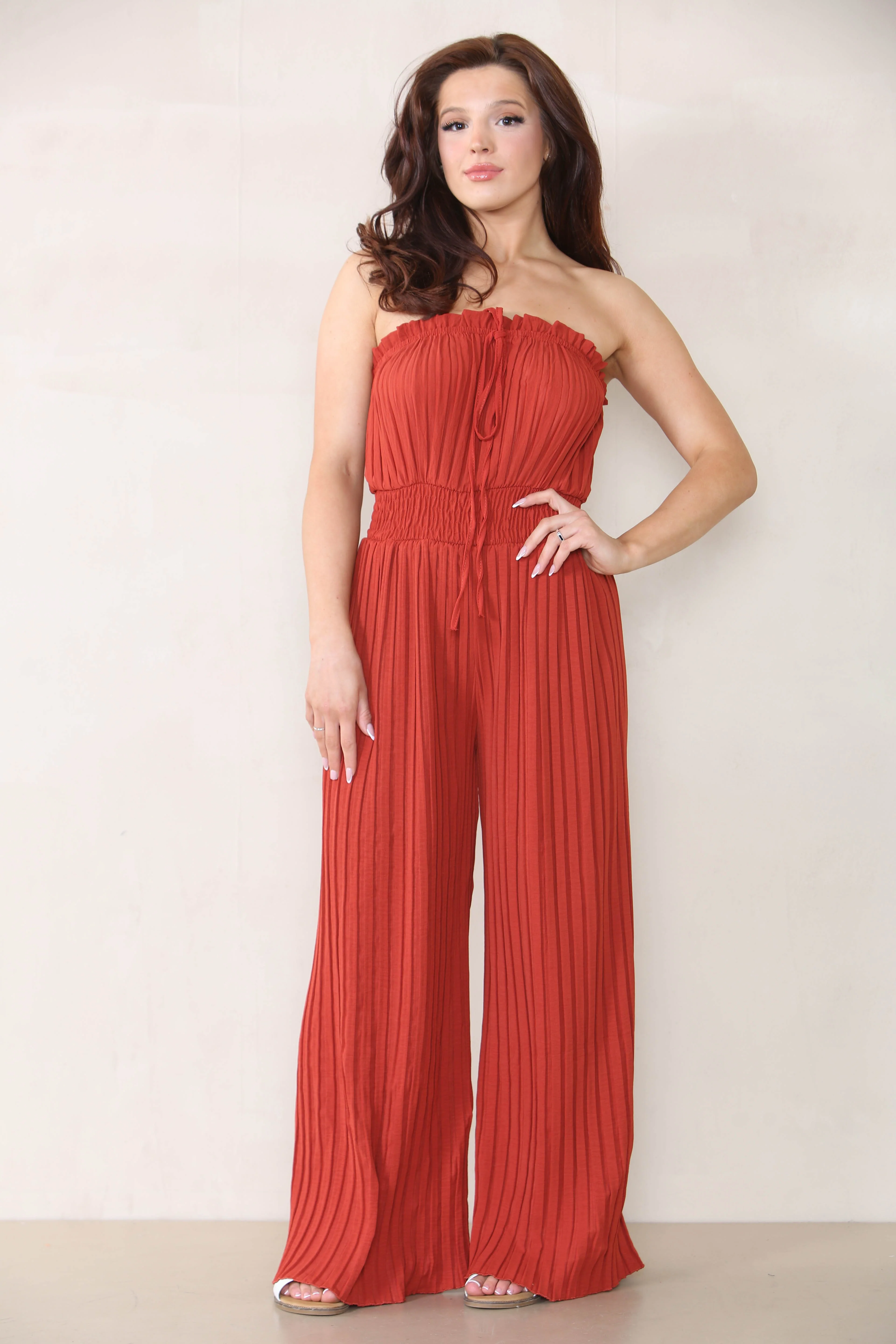 KATCH ME Tie-Up Ruched Waist Pleated Wide Leg Jumpsuit - Image 14