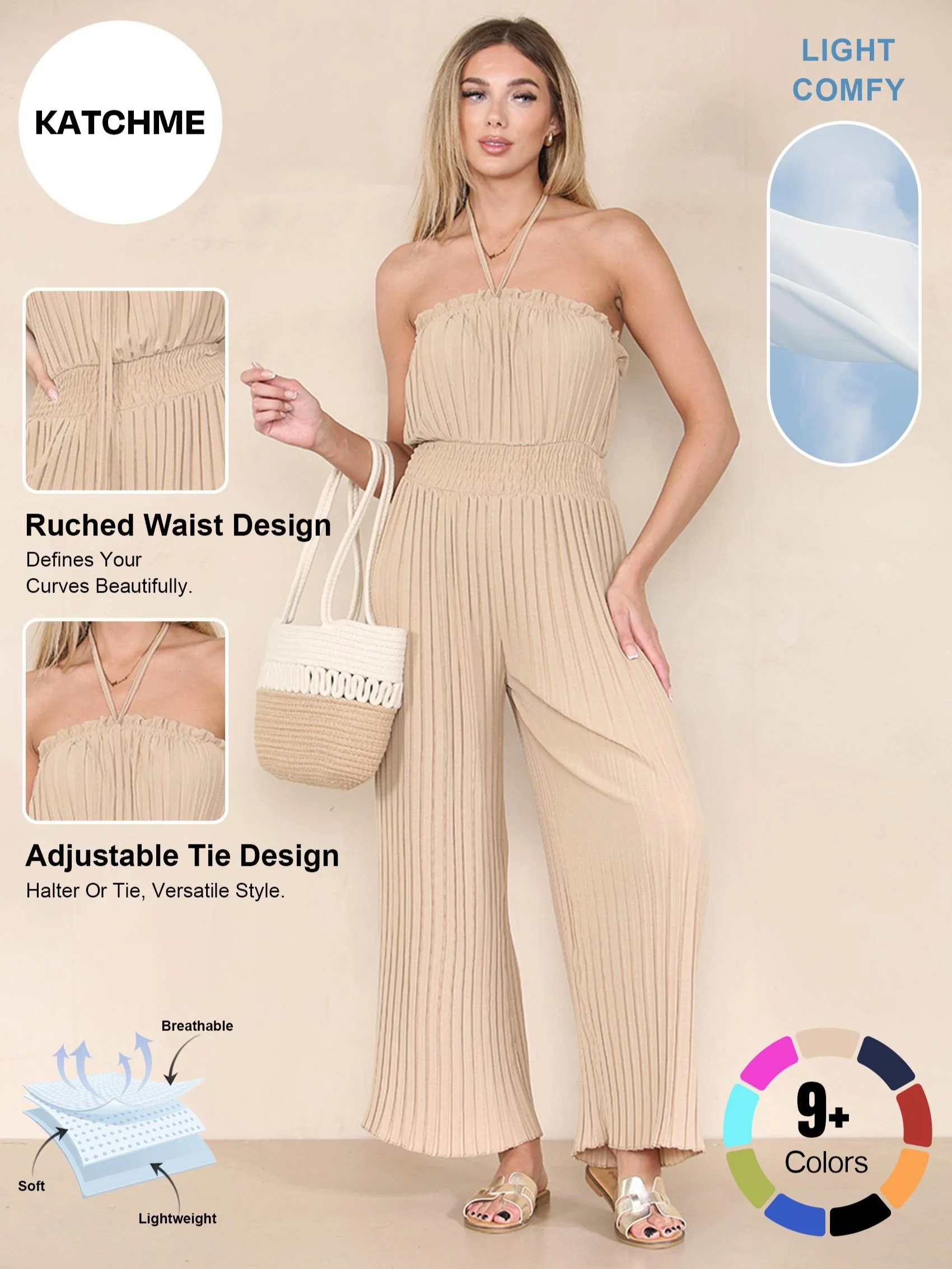 KATCH ME Tie-Up Ruched Waist Pleated Wide Leg Jumpsuit - Image 2