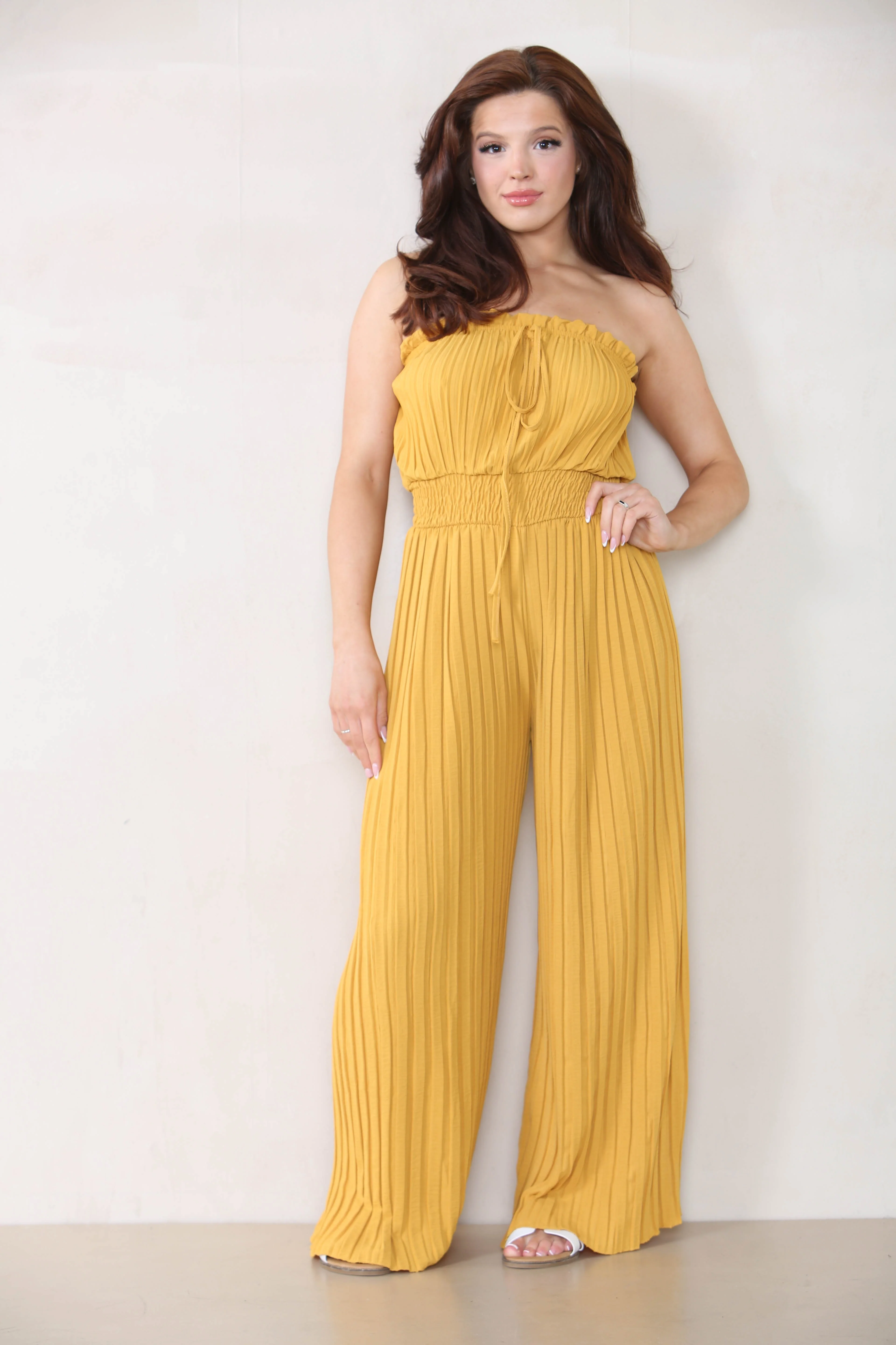 KATCH ME Tie-Up Ruched Waist Pleated Wide Leg Jumpsuit - Image 8