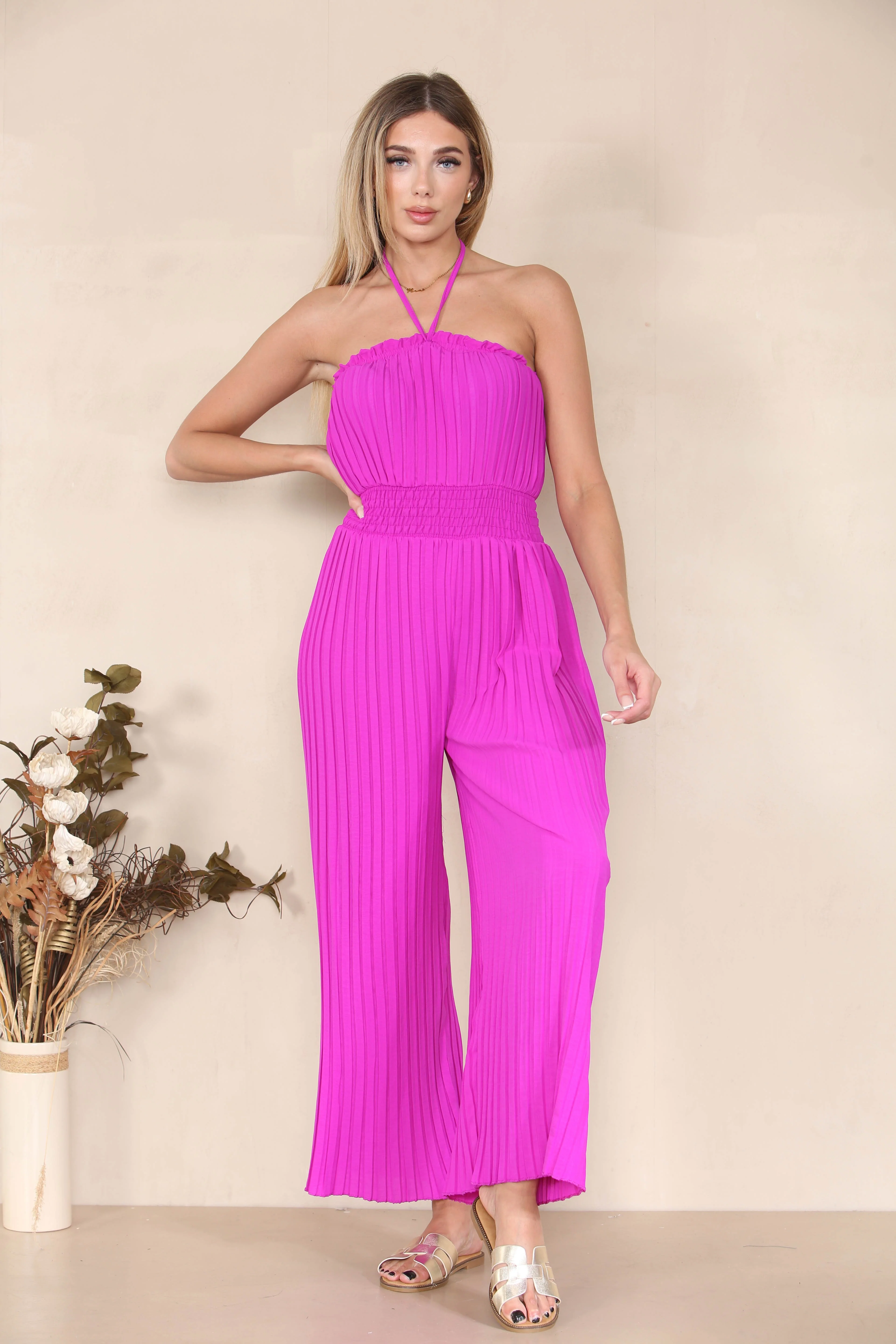 KATCH ME Tie-Up Ruched Waist Pleated Wide Leg Jumpsuit - Image 9