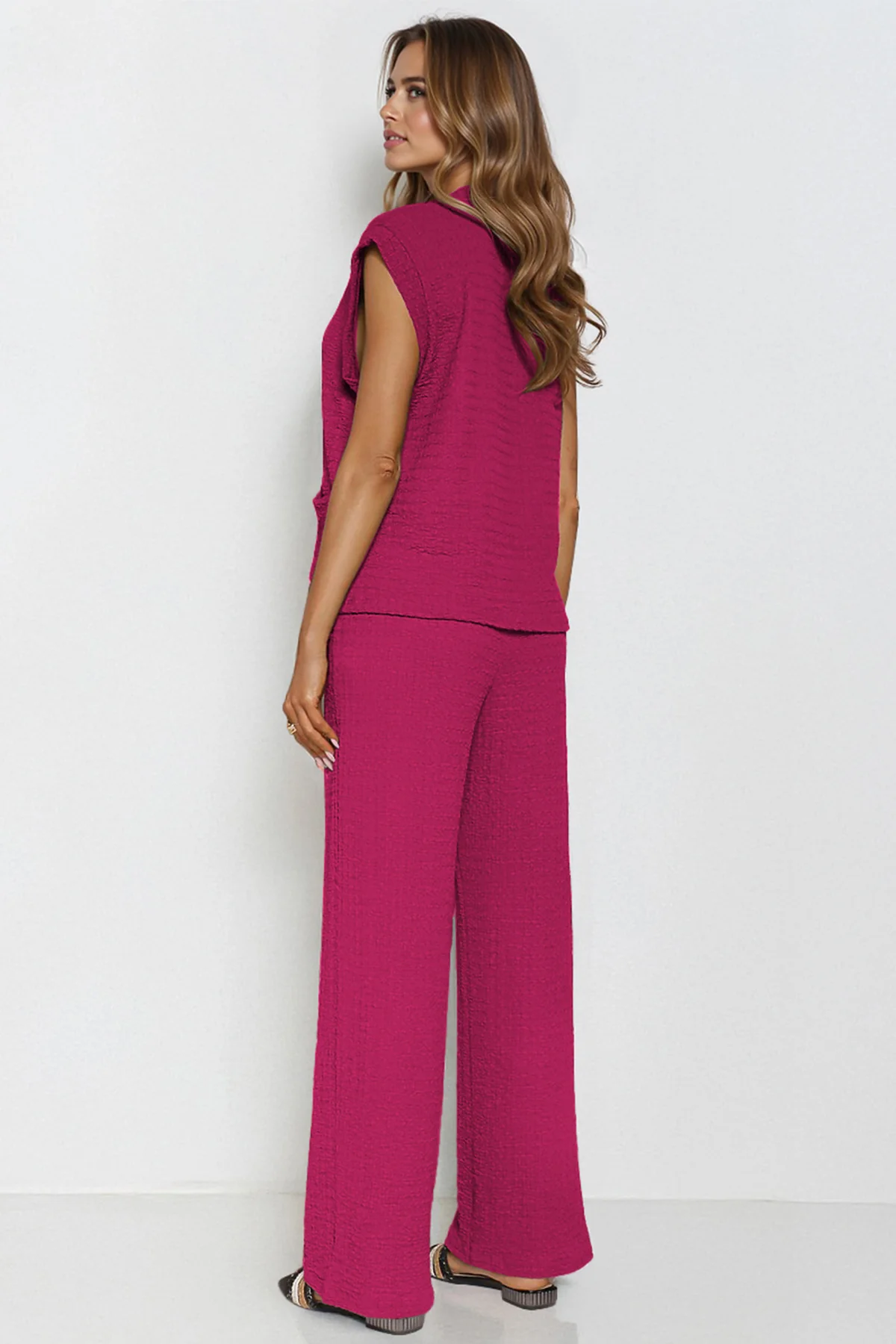 KATCH ME V Neck Gold Button Decor Loose Tank Top & Wide Leg Trousers Co-ord Set - Image 11
