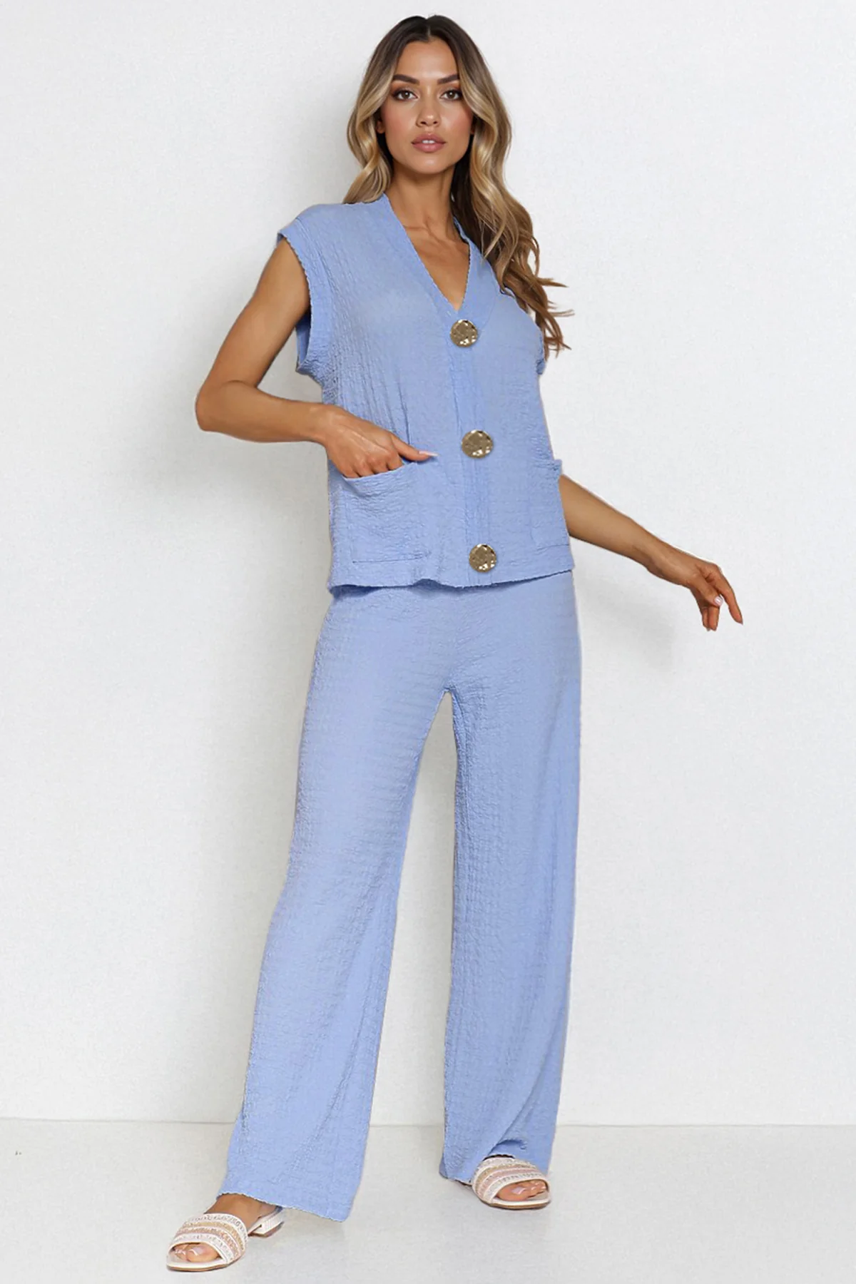 KATCH ME V Neck Gold Button Decor Loose Tank Top & Wide Leg Trousers Co-ord Set - Image 3
