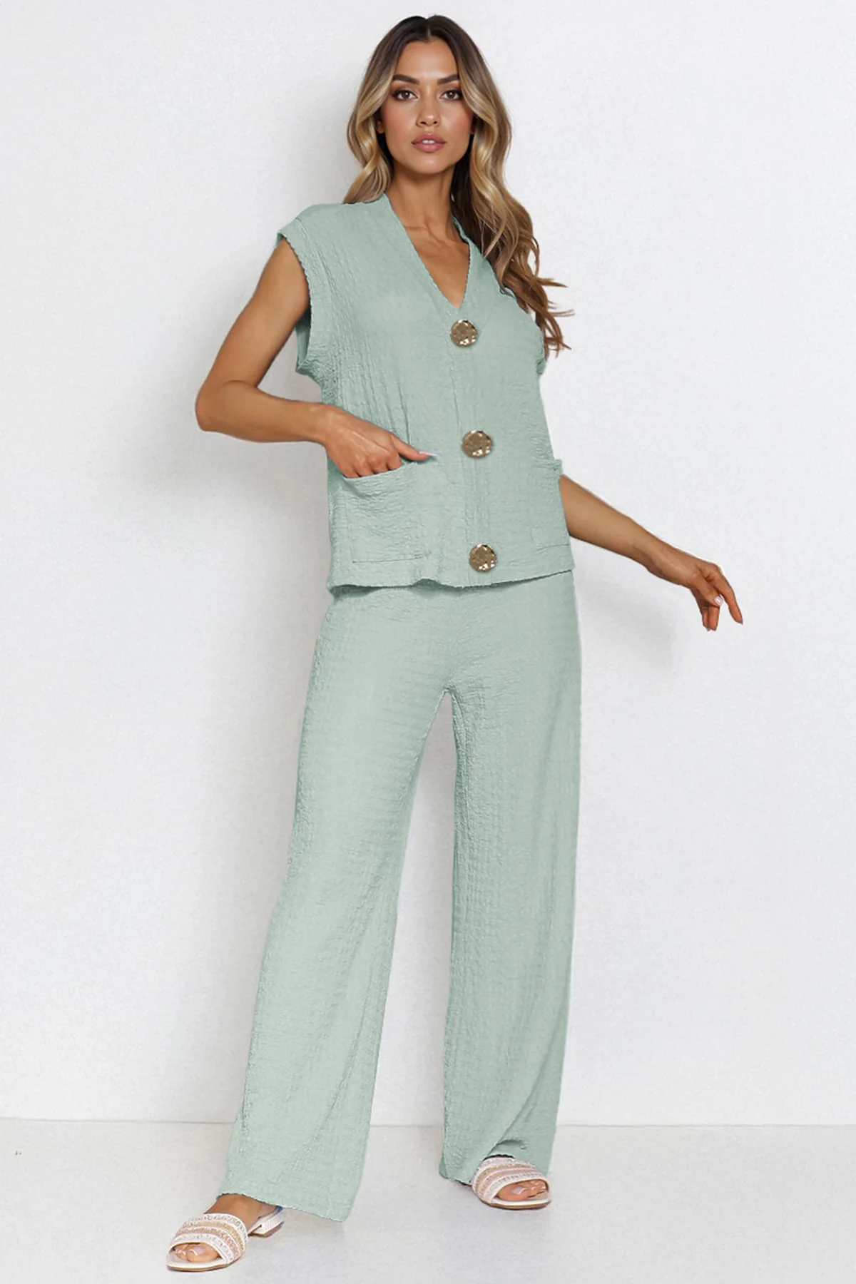 KATCH ME V Neck Gold Button Decor Loose Tank Top & Wide Leg Trousers Co-ord Set - Image 5