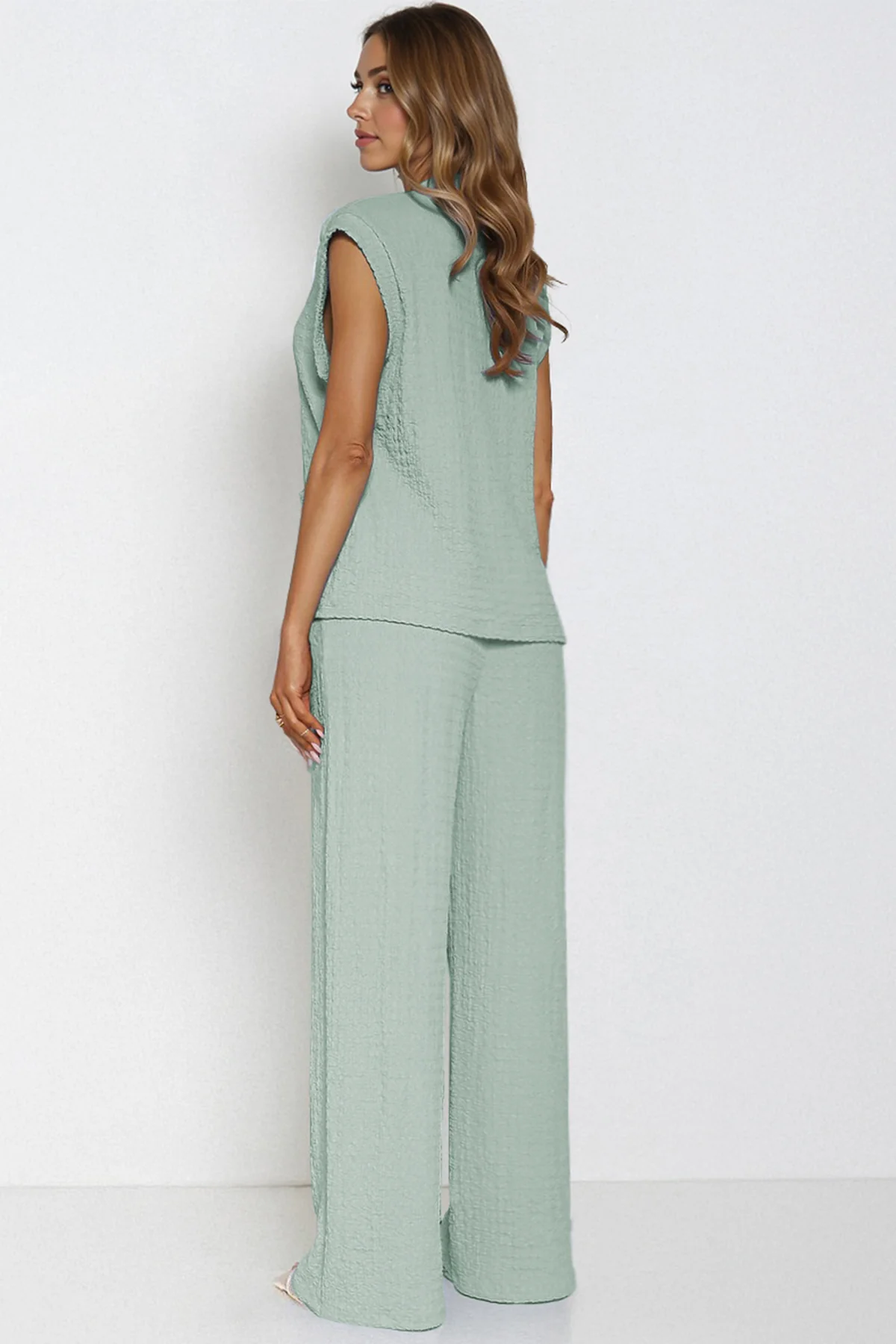 KATCH ME V Neck Gold Button Decor Loose Tank Top & Wide Leg Trousers Co-ord Set - Image 6