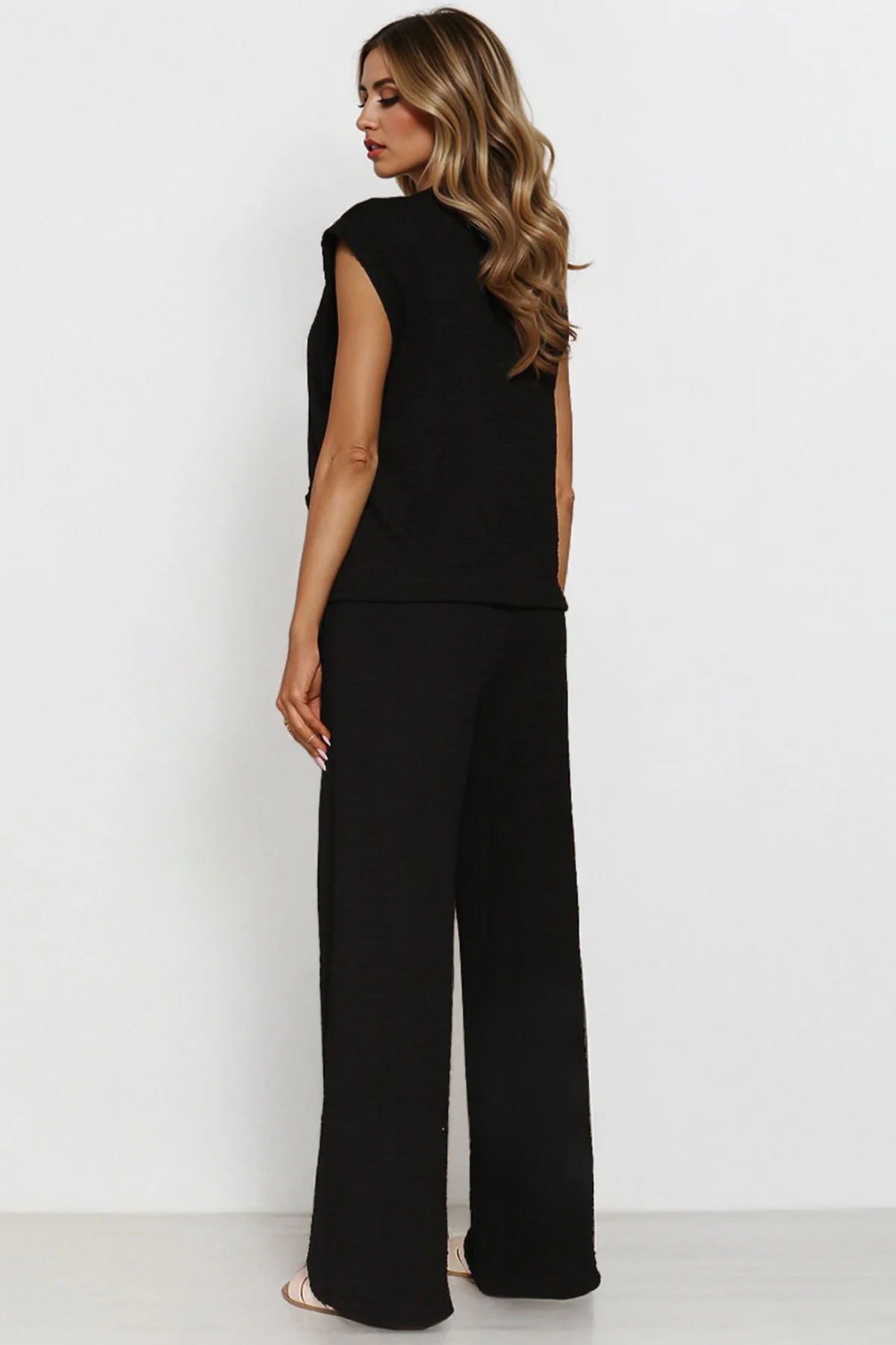 KATCH ME V Neck Gold Button Decor Loose Tank Top & Wide Leg Trousers Co-ord Set - Image 8