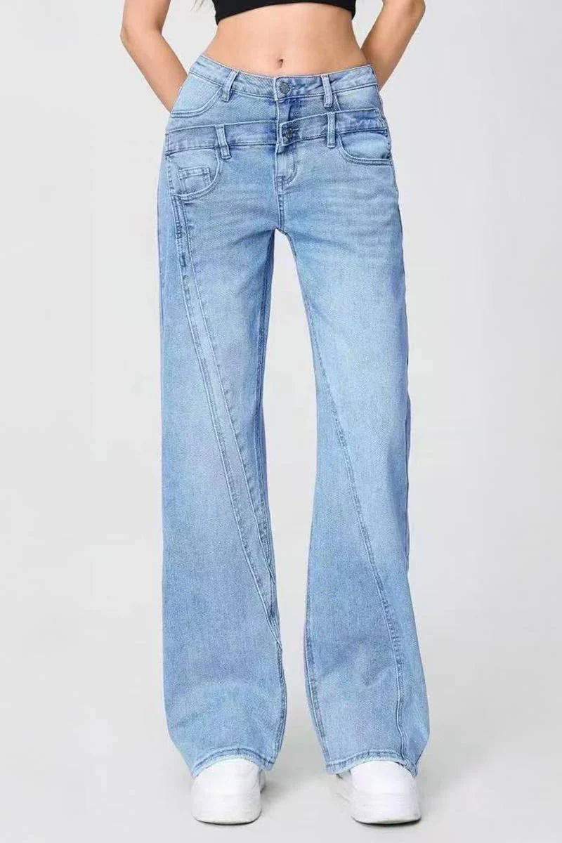 KATCH ME Casual Patchwork Irregular Stitching Flared Jeans - Image 3