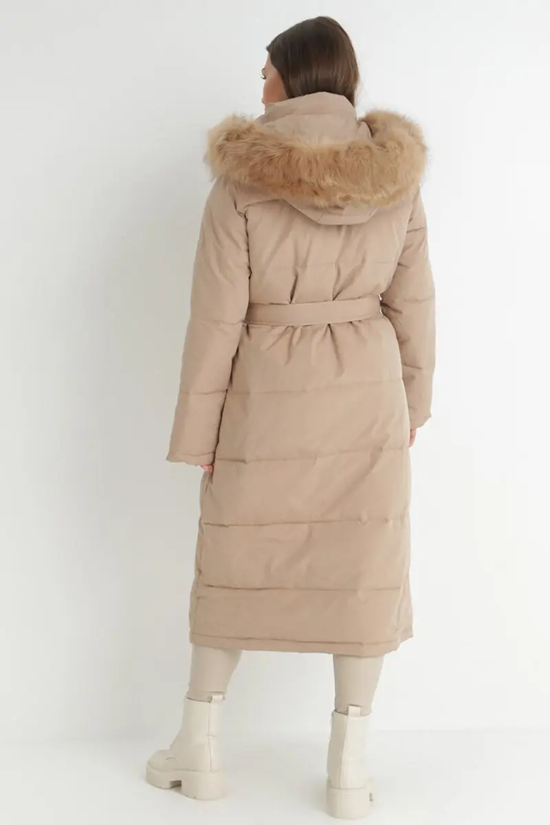 KATCH ME Winter Plush Hooded Belt Decor Thermal Cotton Coat - Image 5