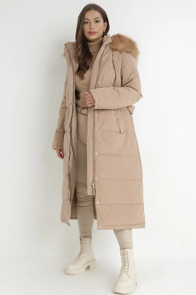 KATCH ME Winter Plush Hooded Belt Decor Thermal Cotton Coat - Image 6