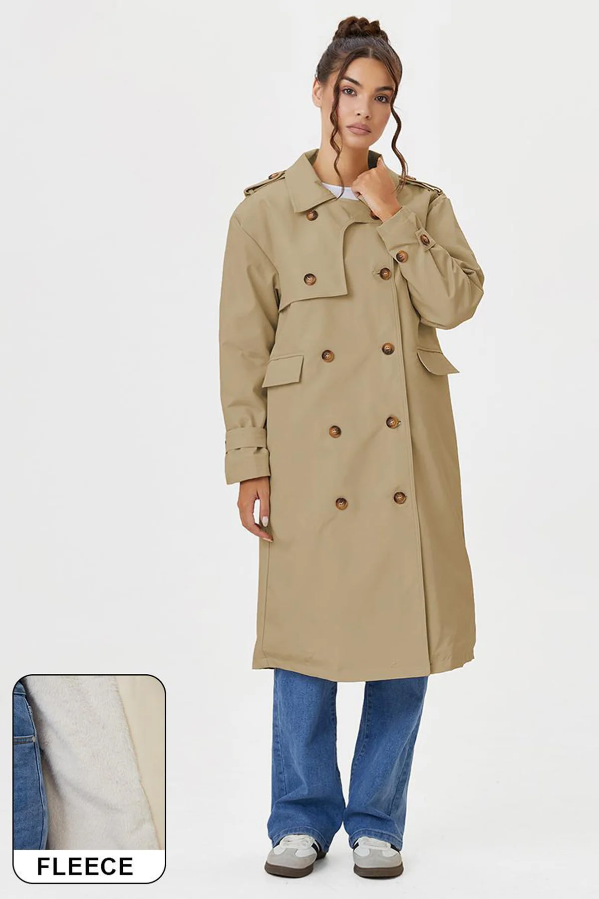 KATCH ME Double Breasted Belted Fleece Lined Trench Coat - Image 2