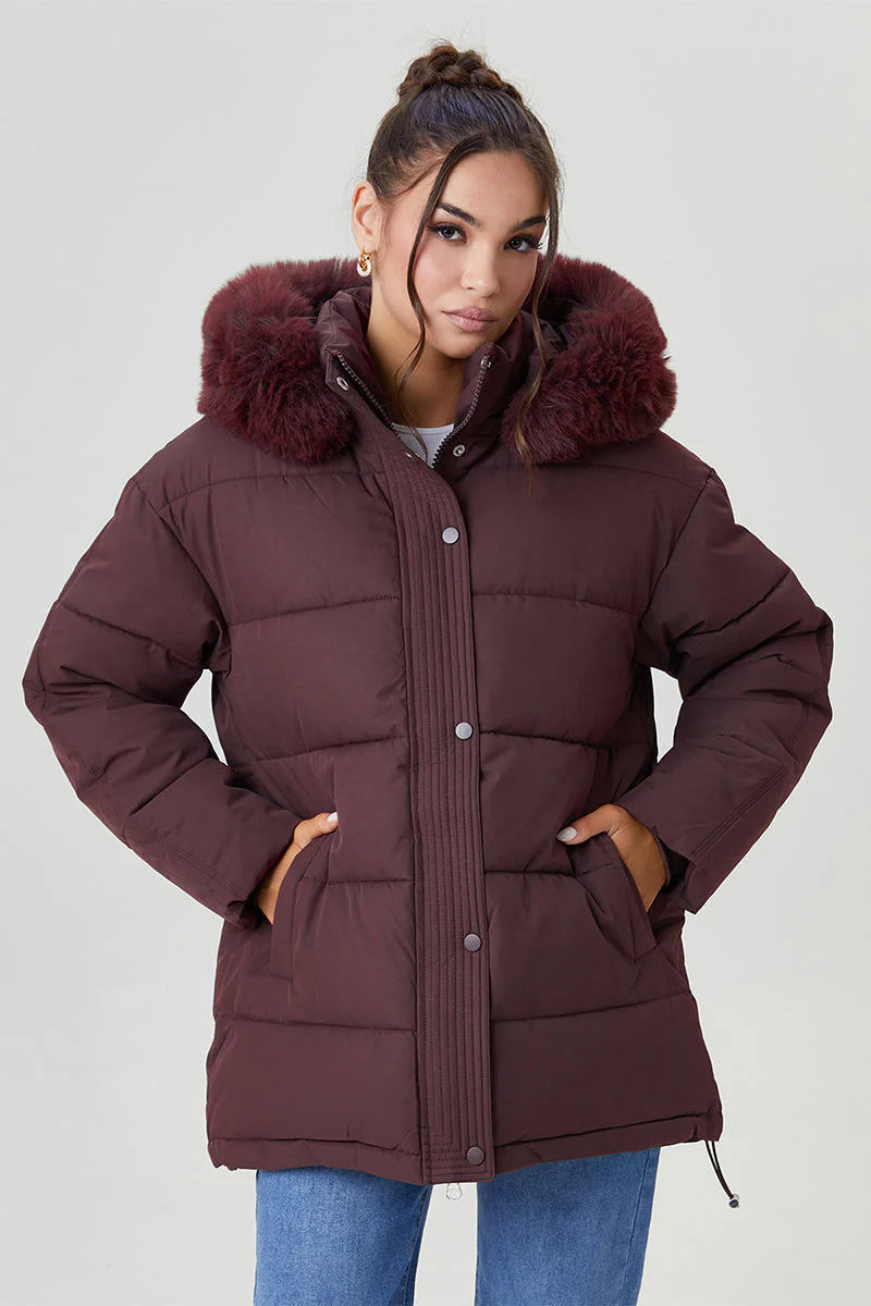 KATCH ME Fluffy Hooded Zip-Up Belted Mid-Length Cotton Coat