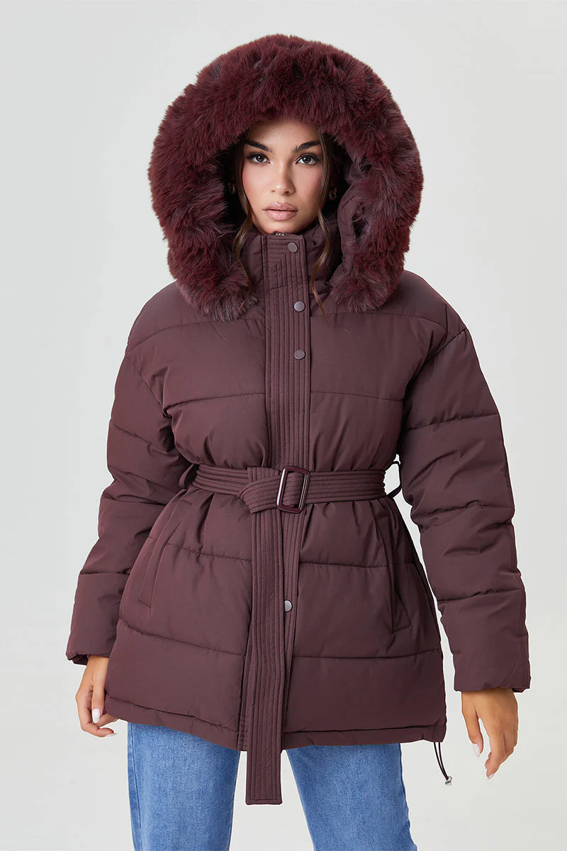 KATCH ME Fluffy Hooded Zip-Up Belted Mid-Length Cotton Coat - Image 2