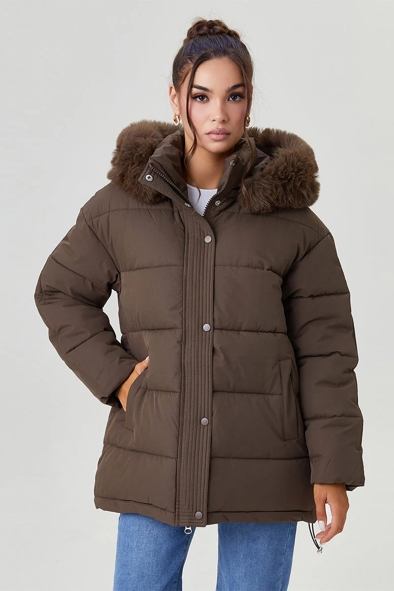 KATCH ME Fluffy Hooded Zip-Up Belted Mid-Length Cotton Coat - Image 3