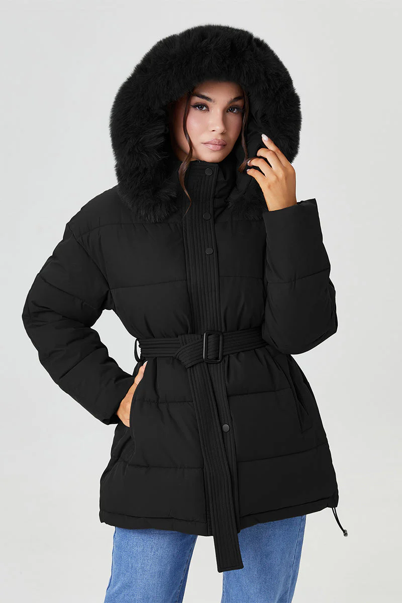 KATCH ME Fluffy Hooded Zip-Up Belted Mid-Length Cotton Coat - Image 6