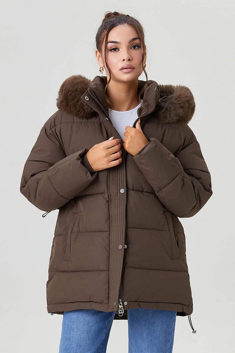 KATCH ME Fluffy Hooded Zip-Up Belted Mid-Length Cotton Coat - Image 8