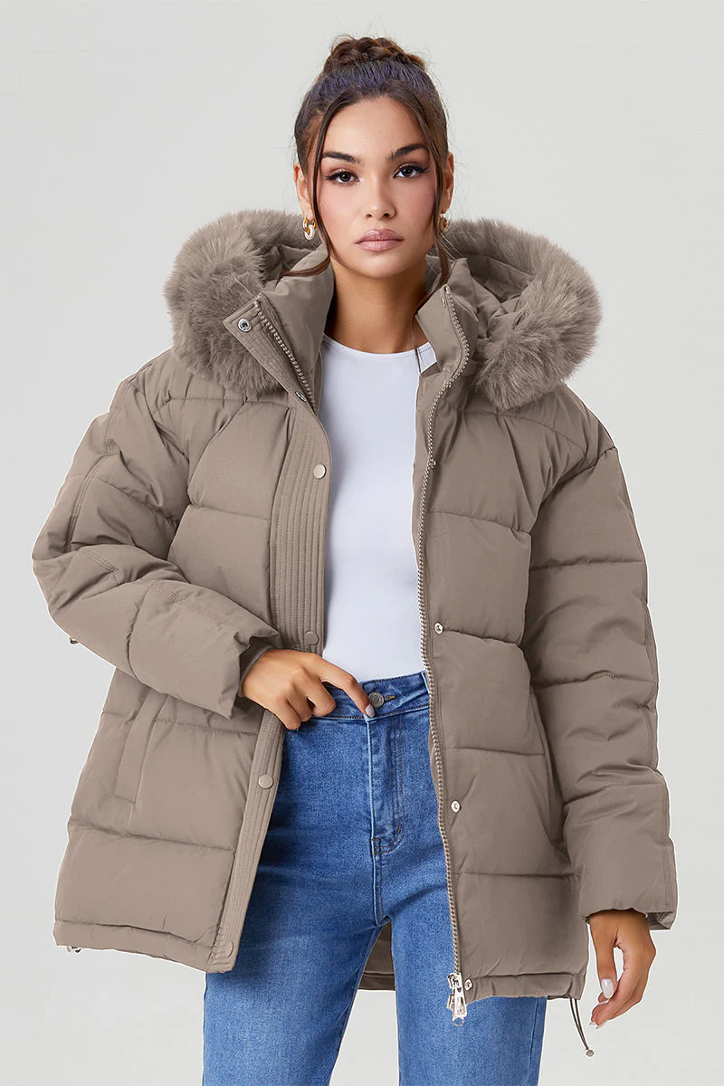 KATCH ME Fluffy Hooded Zip-Up Belted Mid-Length Cotton Coat - Image 9