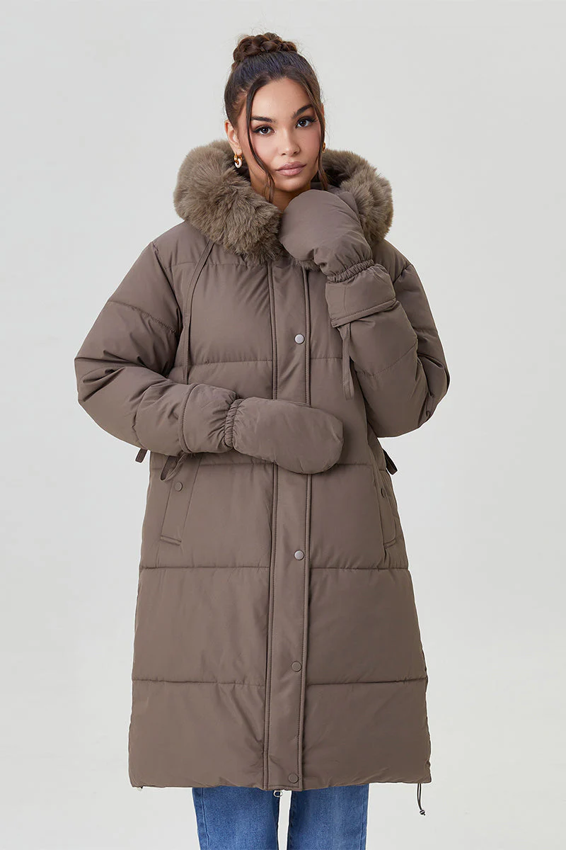 KATCH ME Fluffy Hooded Waist Tie Thermal Long Coat with Gloves