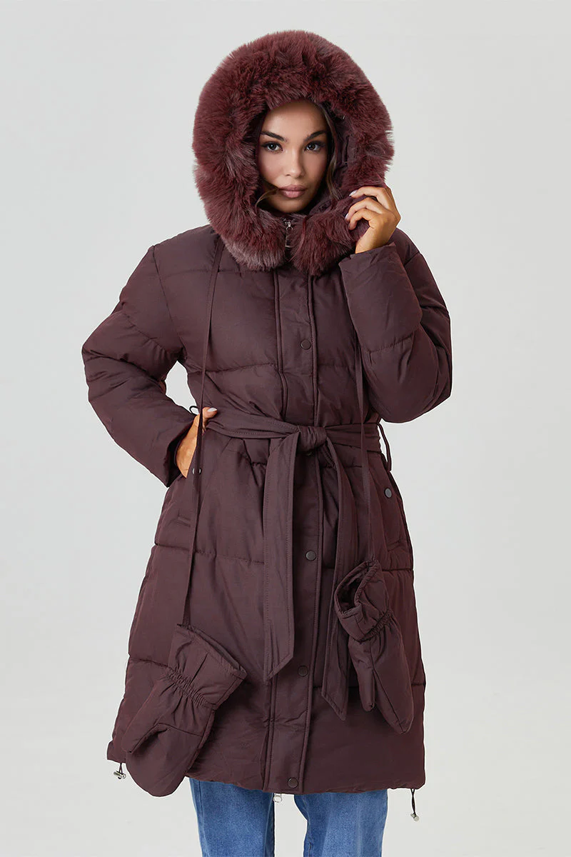 KATCH ME Fluffy Hooded Waist Tie Thermal Long Coat with Gloves - Image 10