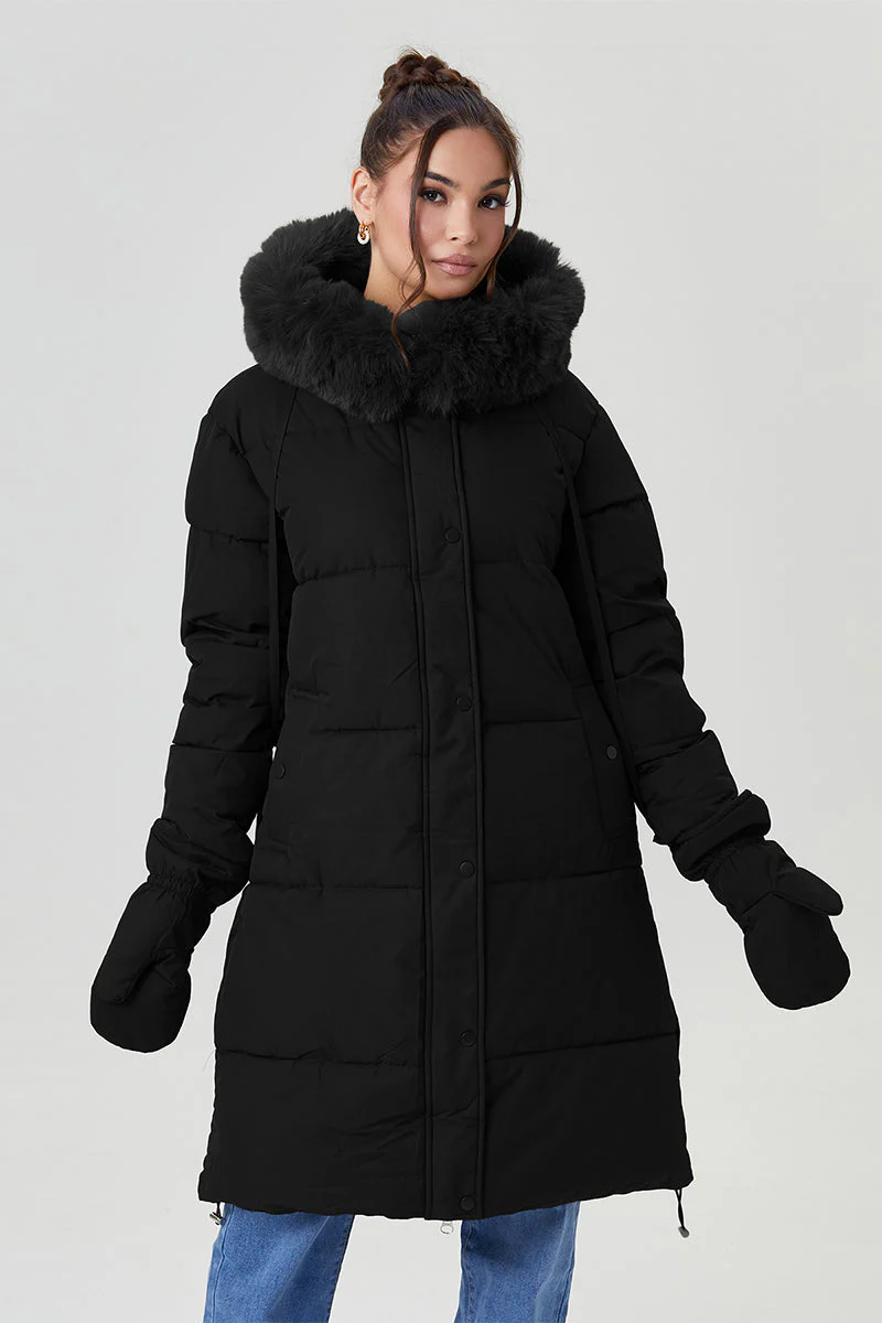 KATCH ME Fluffy Hooded Waist Tie Thermal Long Coat with Gloves - Image 11