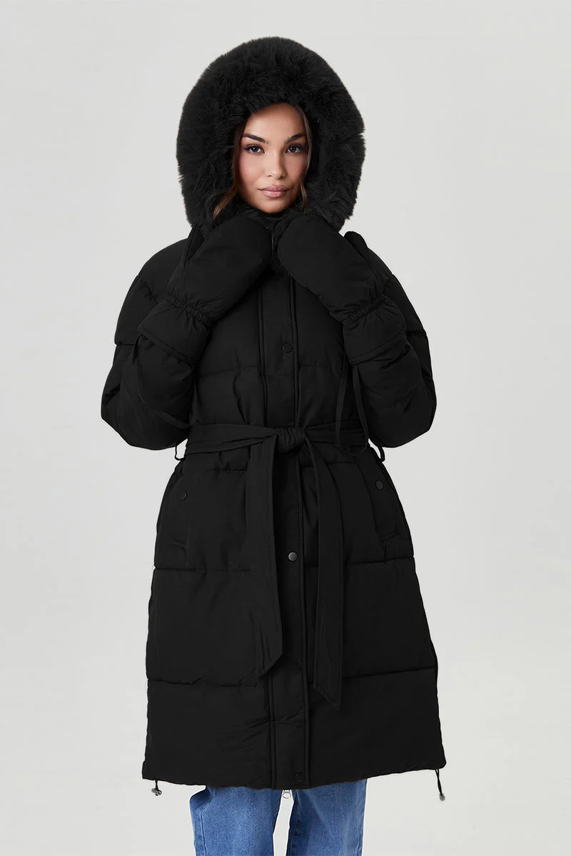 KATCH ME Fluffy Hooded Waist Tie Thermal Long Coat with Gloves - Image 12