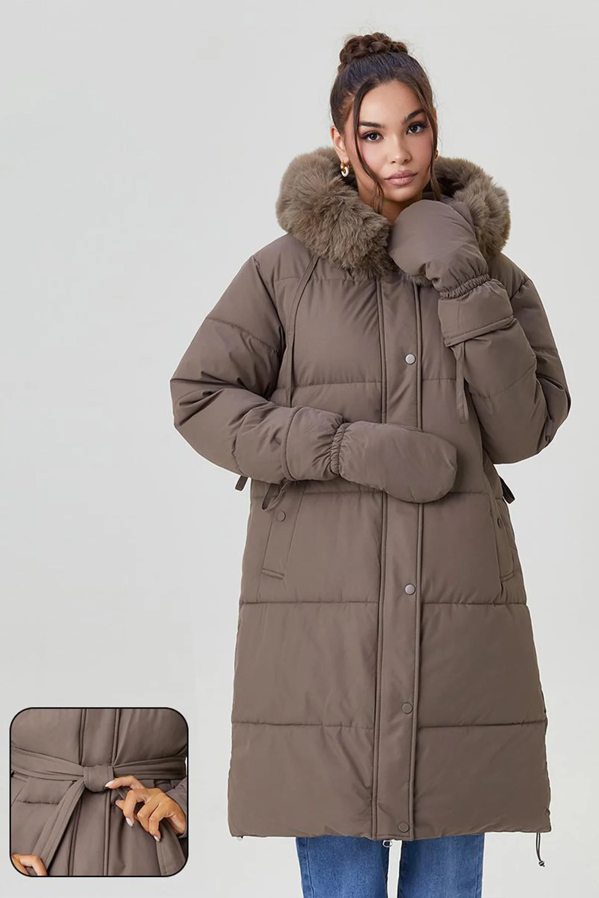 KATCH ME Fluffy Hooded Waist Tie Thermal Long Coat with Gloves - Image 2