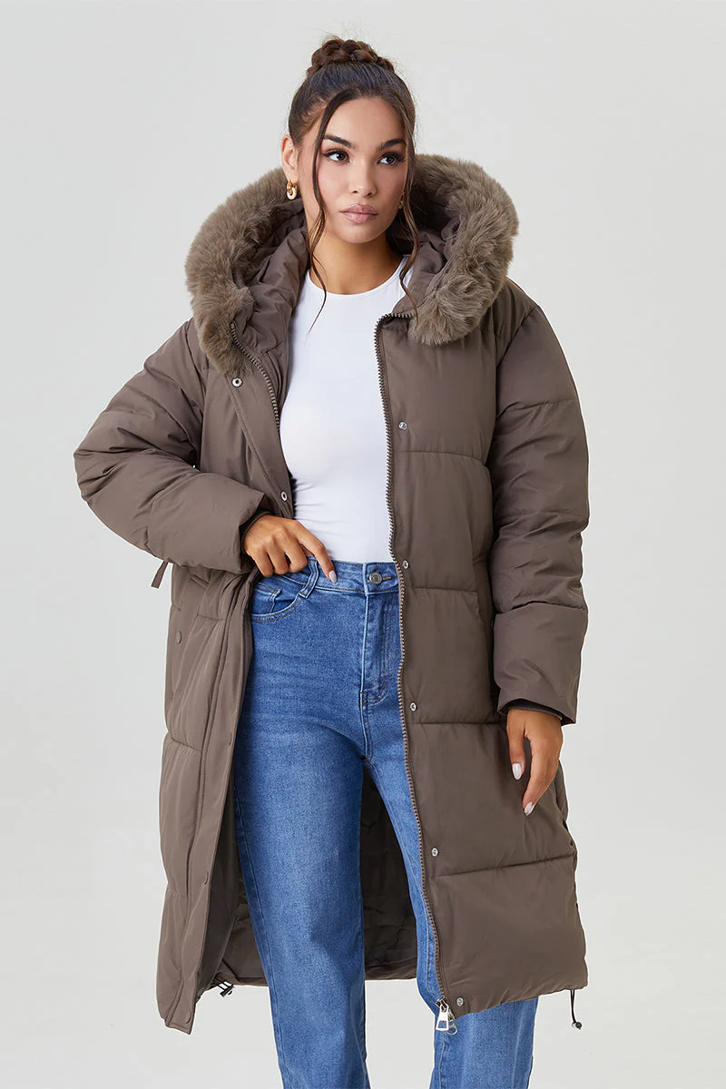 KATCH ME Fluffy Hooded Waist Tie Thermal Long Coat with Gloves - Image 3