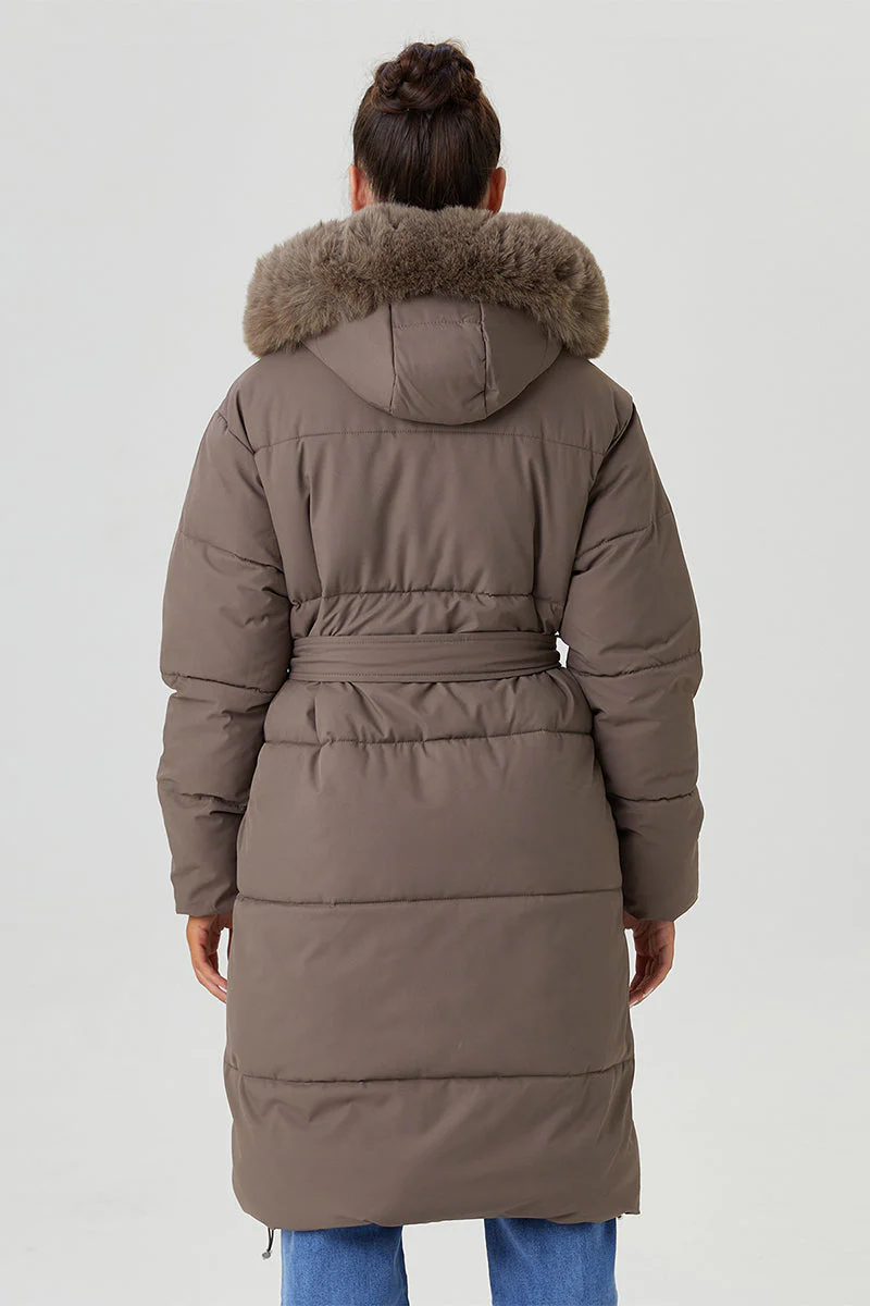 KATCH ME Fluffy Hooded Waist Tie Thermal Long Coat with Gloves - Image 4