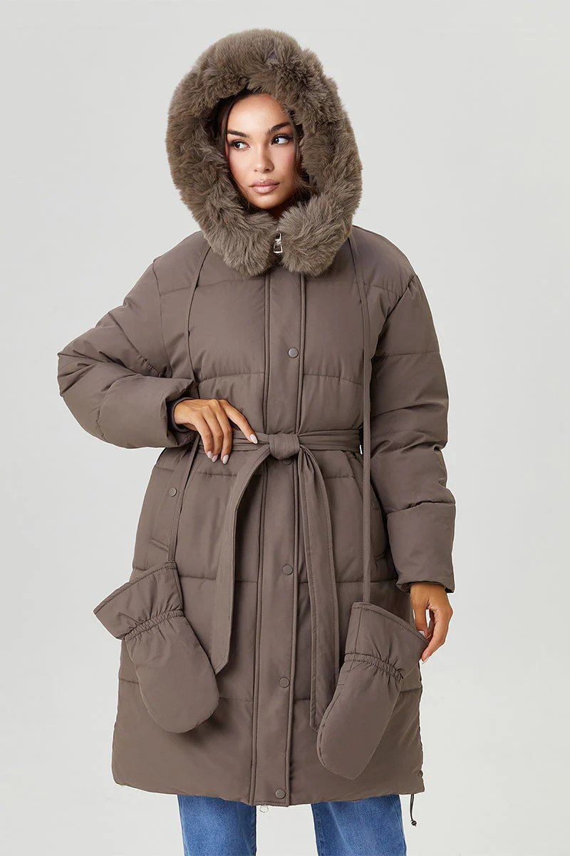 KATCH ME Fluffy Hooded Waist Tie Thermal Long Coat with Gloves - Image 5