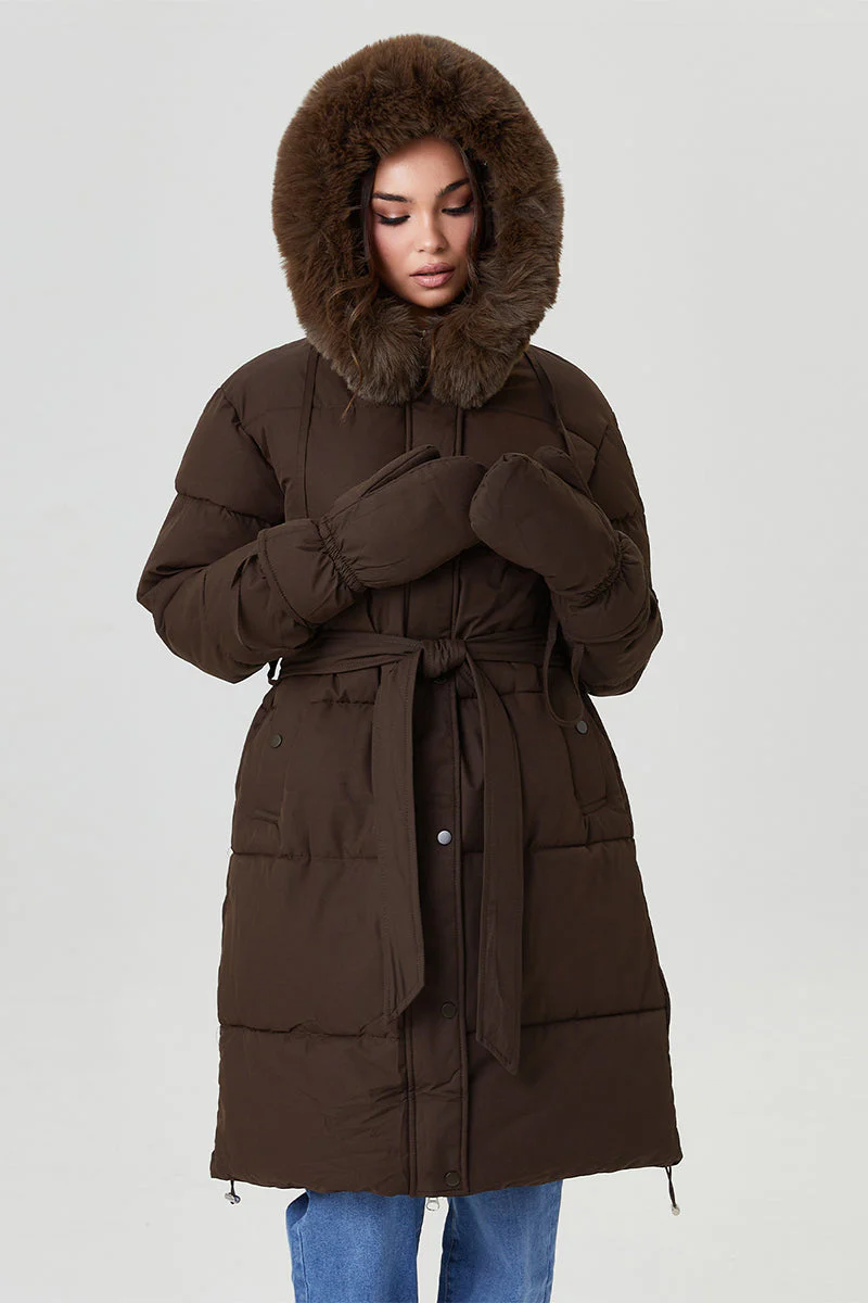 KATCH ME Fluffy Hooded Waist Tie Thermal Long Coat with Gloves - Image 6