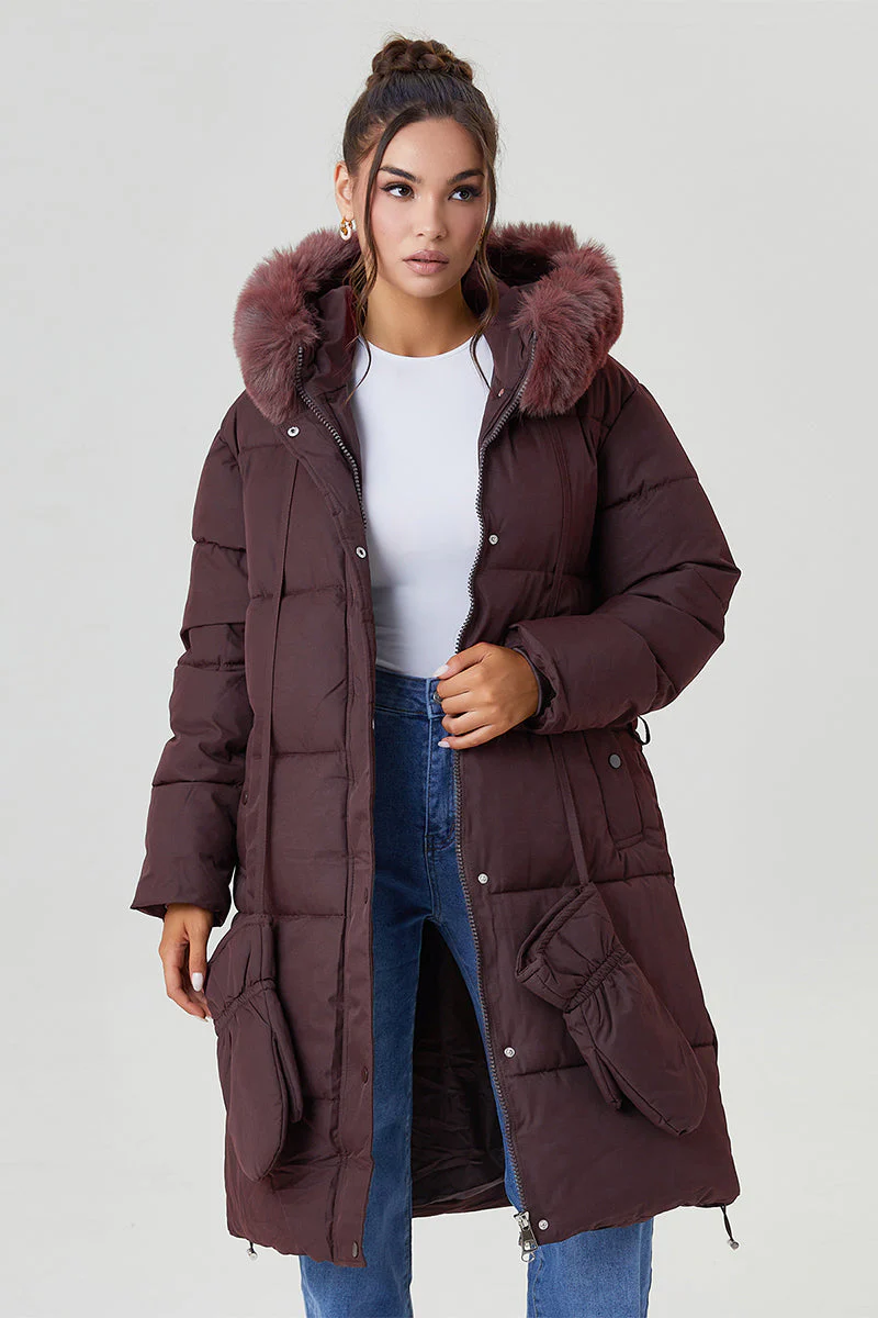 KATCH ME Fluffy Hooded Waist Tie Thermal Long Coat with Gloves - Image 7