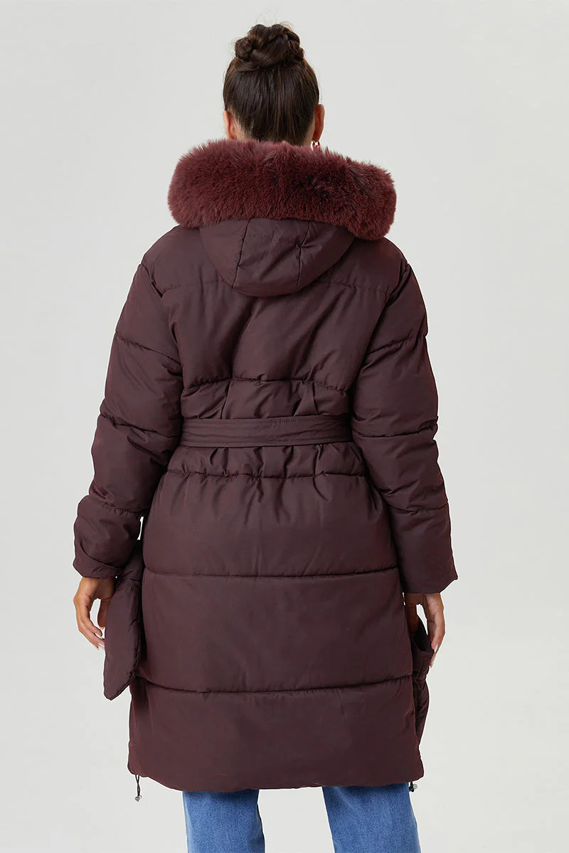 KATCH ME Fluffy Hooded Waist Tie Thermal Long Coat with Gloves - Image 8