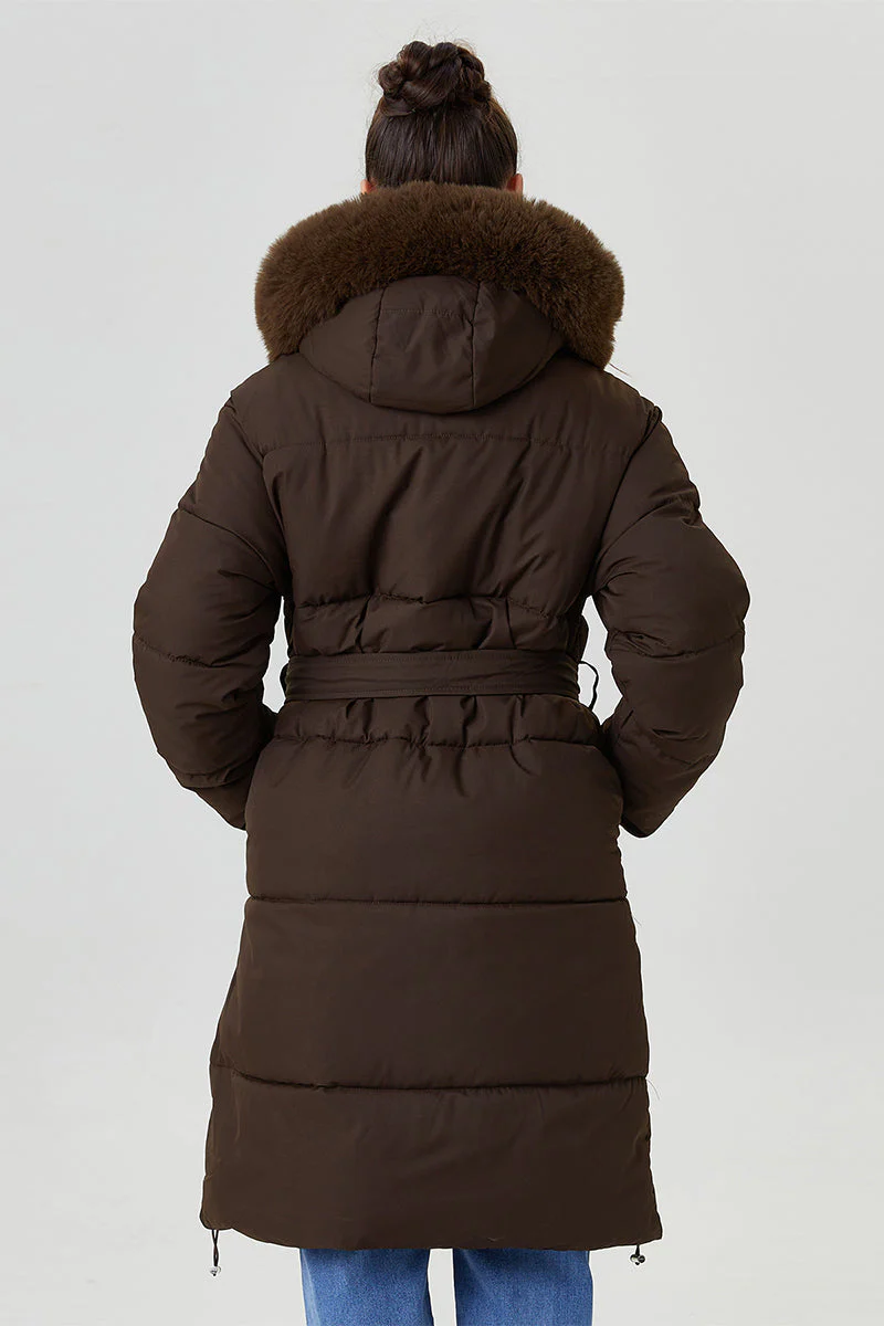 KATCH ME Fluffy Hooded Waist Tie Thermal Long Coat with Gloves - Image 9